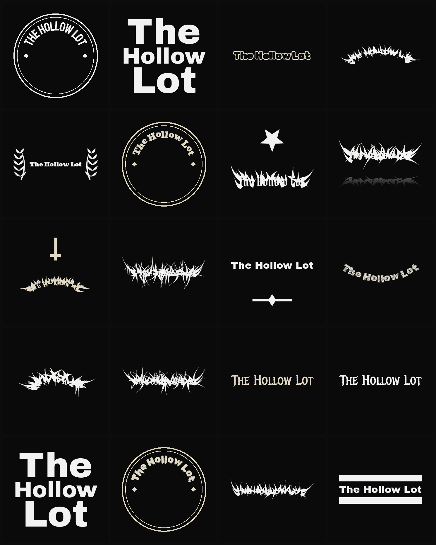 Twenty The Hollow Lot band logo ideas — different faces, treatments and spike settings