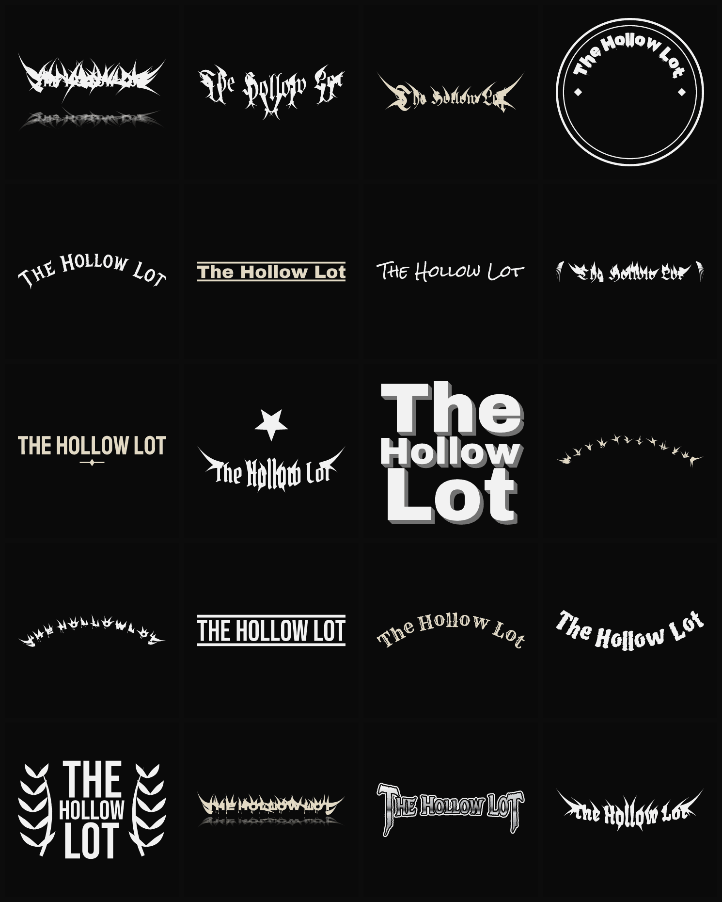 Twenty The Hollow Lot band logo ideas — different faces, treatments and spike settings