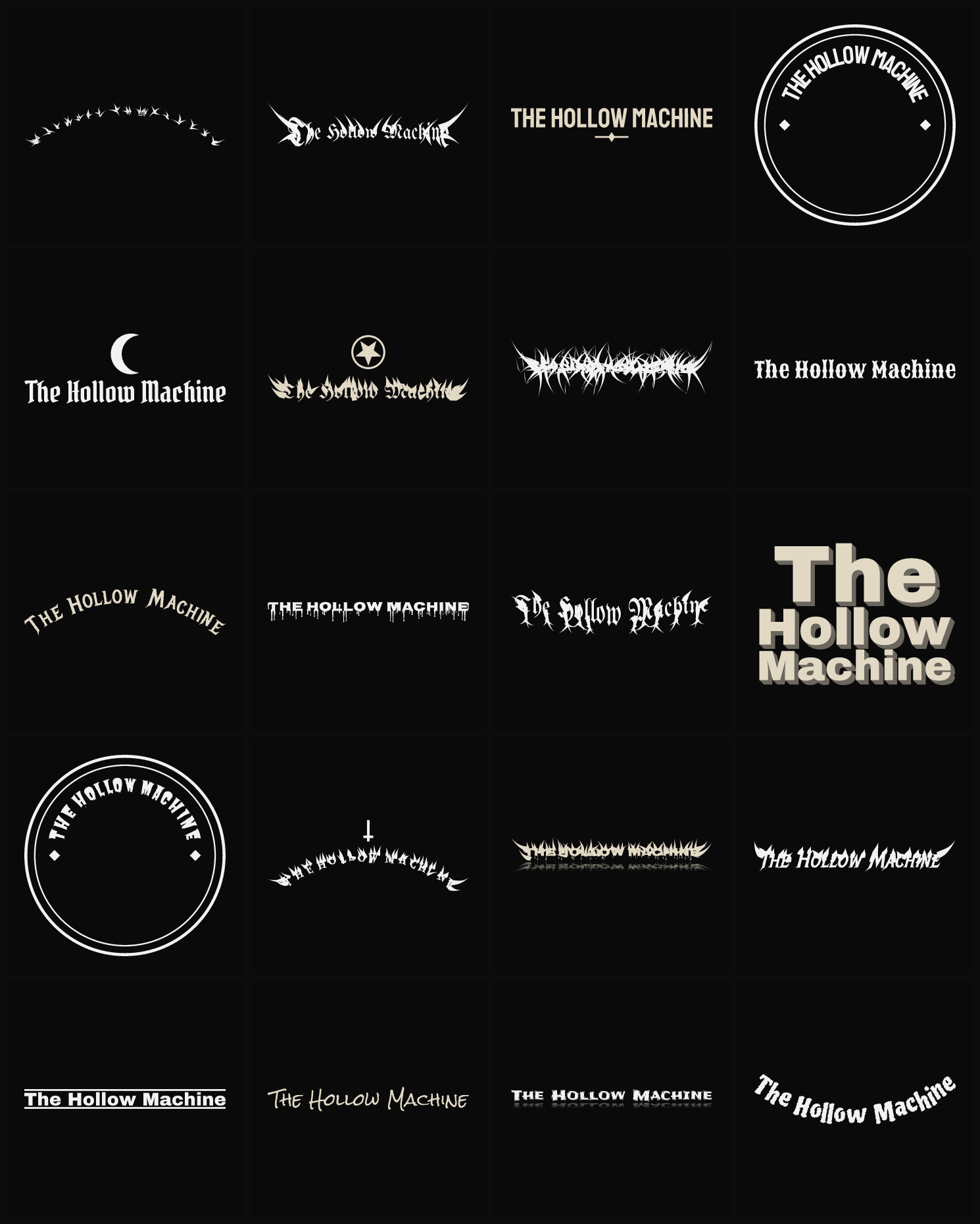Twenty The Hollow Machine band logo ideas — different faces, treatments and spike settings