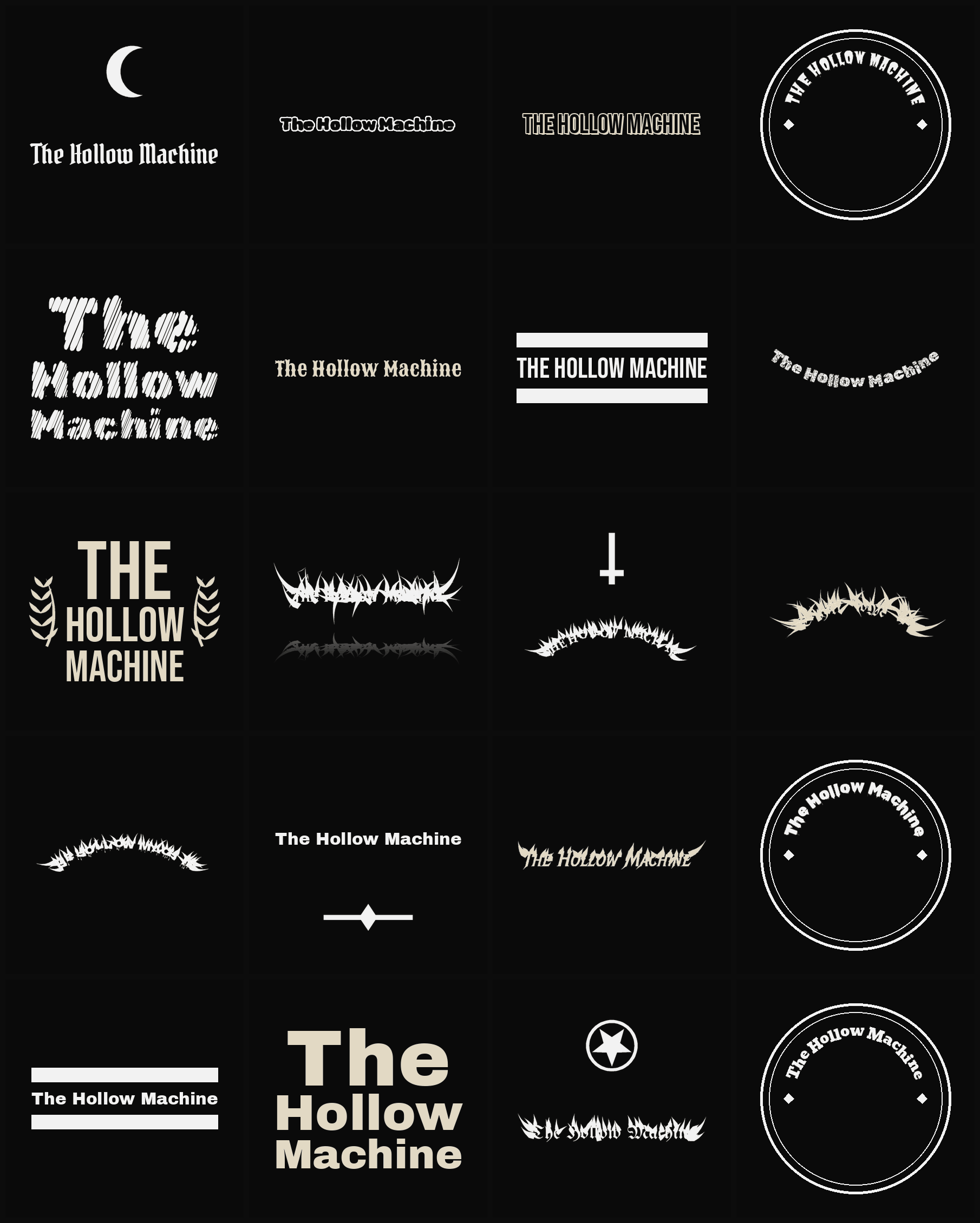Twenty The Hollow Machine band logo ideas — different faces, treatments and spike settings