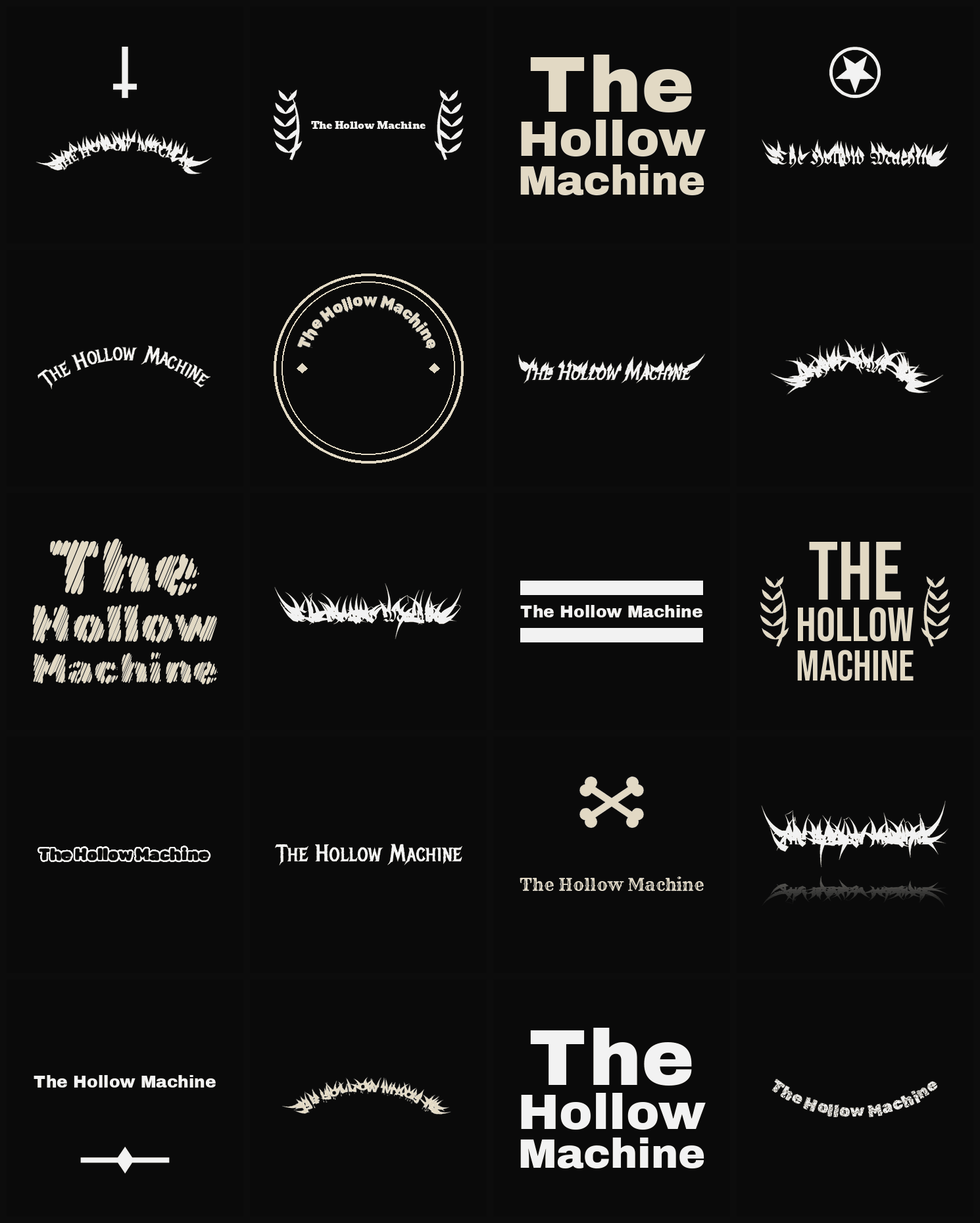Twenty The Hollow Machine band logo ideas — different faces, treatments and spike settings