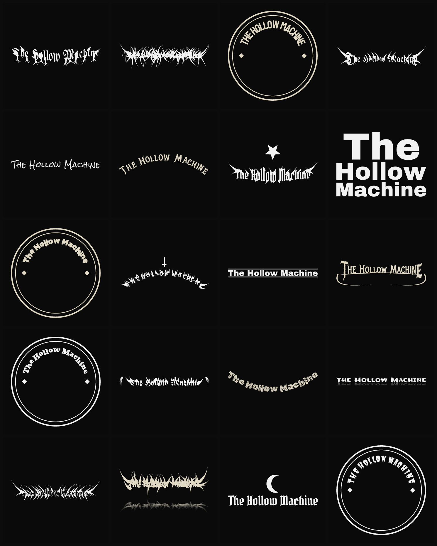 Twenty The Hollow Machine band logo ideas — different faces, treatments and spike settings