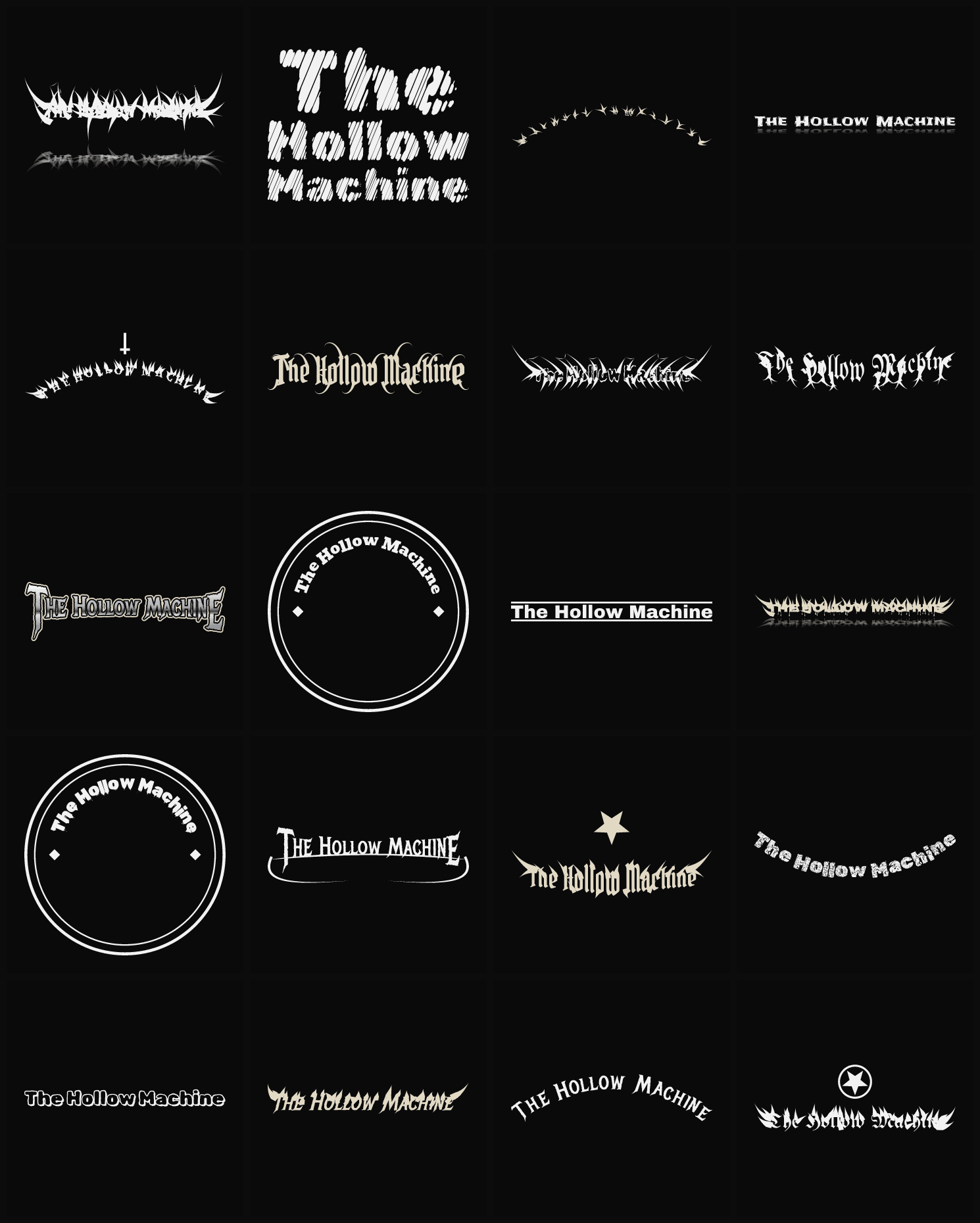 Twenty The Hollow Machine band logo ideas — different faces, treatments and spike settings