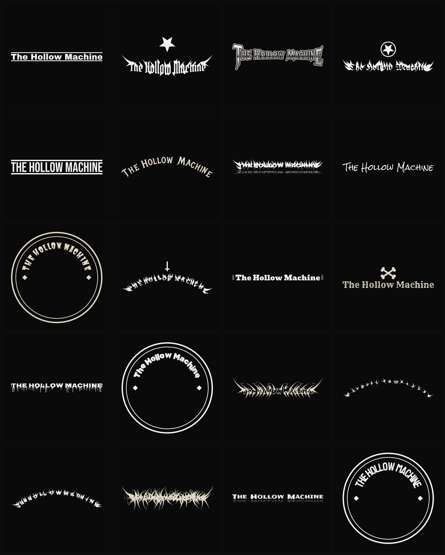 Twenty The Hollow Machine band logo ideas — different faces, treatments and spike settings