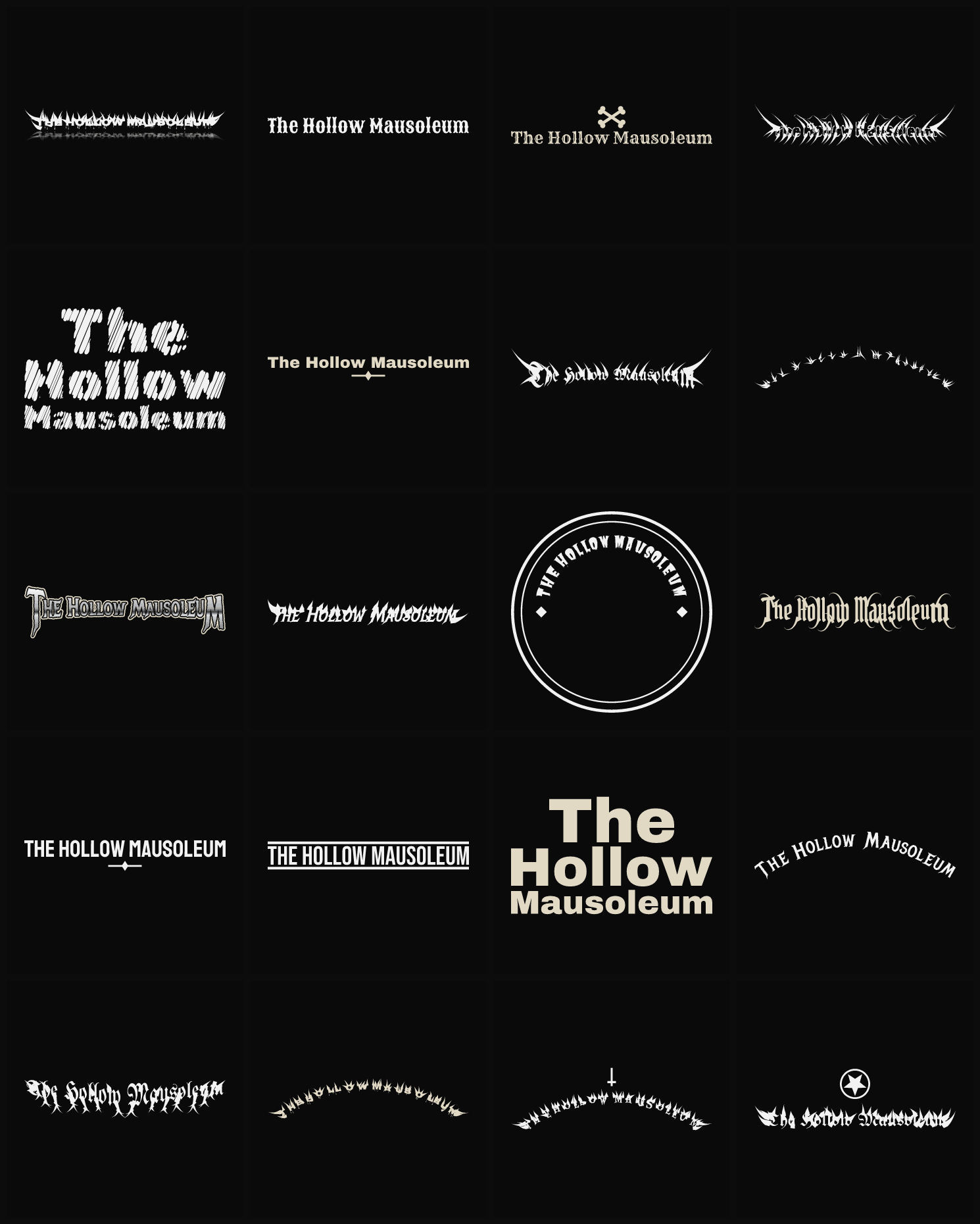 Twenty The Hollow Mausoleum band logo ideas — different faces, treatments and spike settings