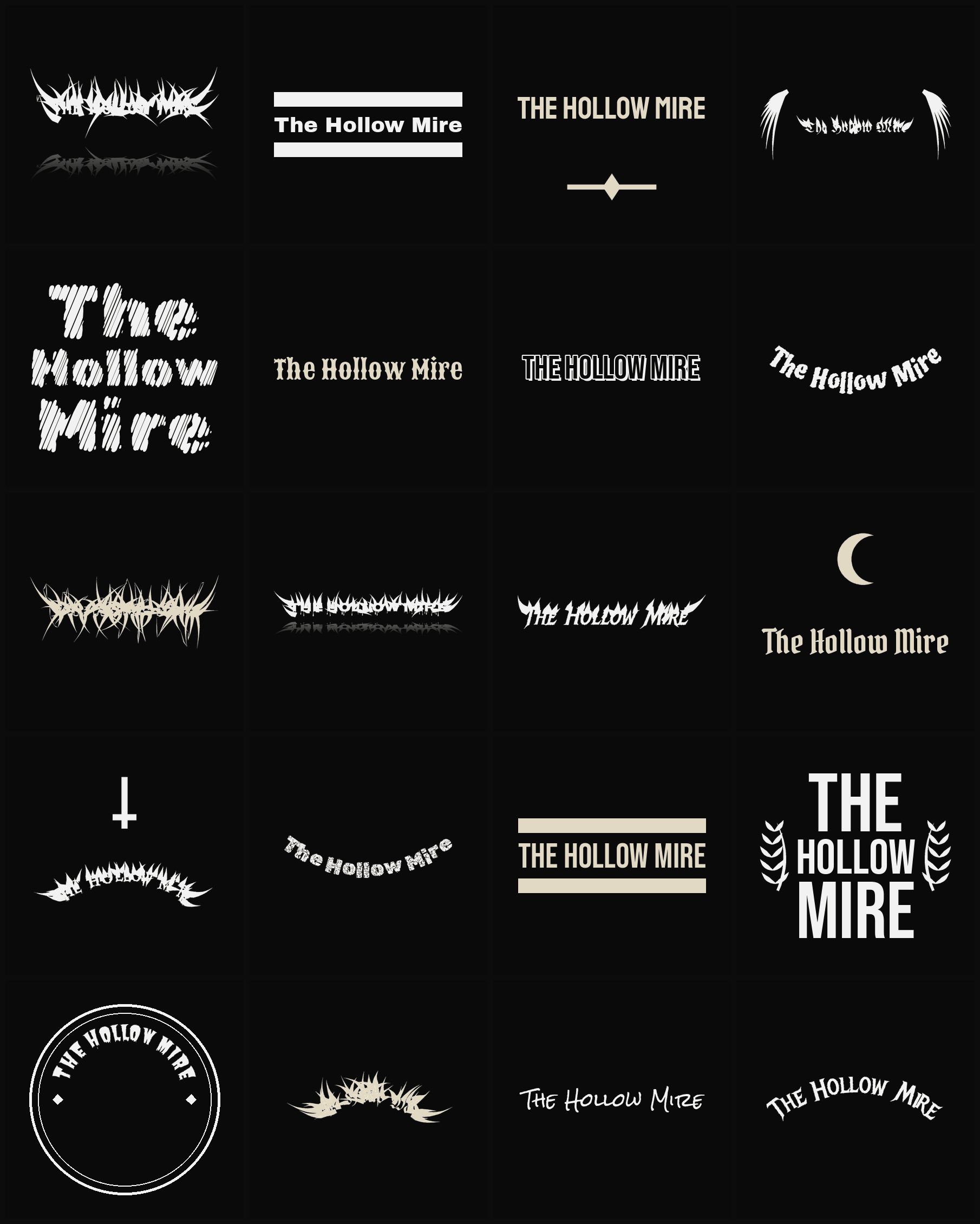 Twenty The Hollow Mire band logo ideas — different faces, treatments and spike settings