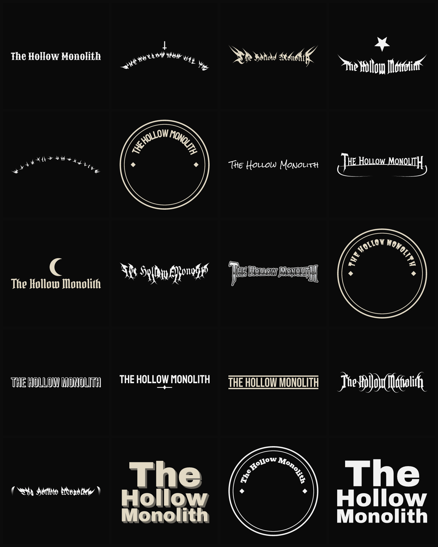 Twenty The Hollow Monolith band logo ideas — different faces, treatments and spike settings