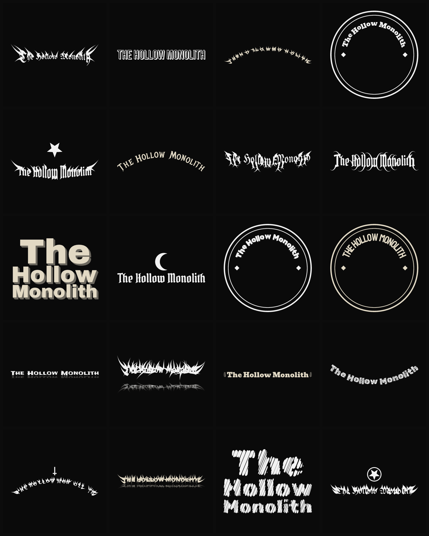Twenty The Hollow Monolith band logo ideas — different faces, treatments and spike settings