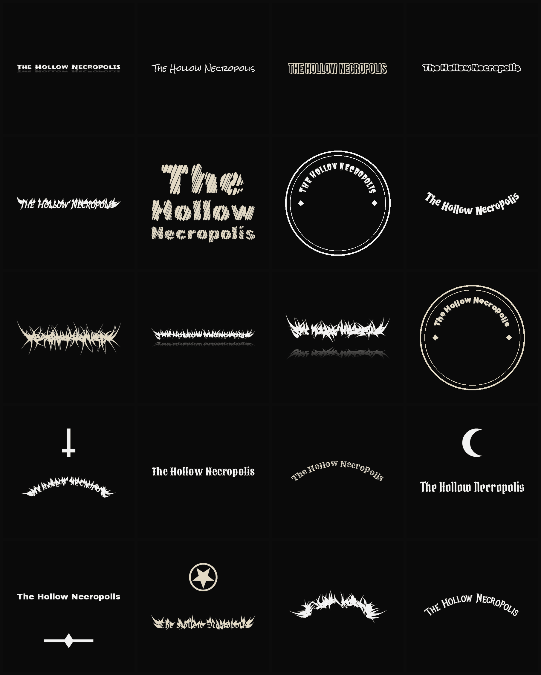 Twenty The Hollow Necropolis band logo ideas — different faces, treatments and spike settings