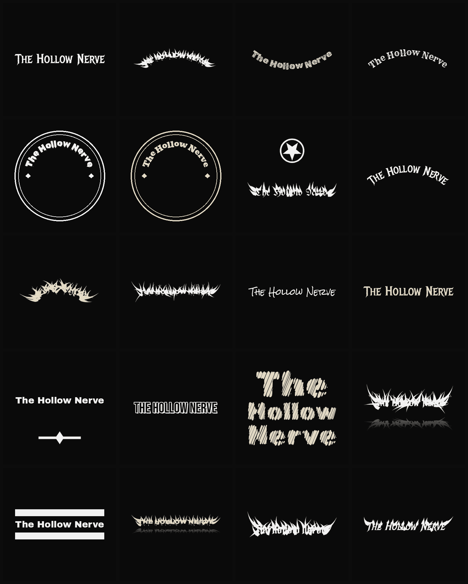 Twenty The Hollow Nerve band logo ideas — different faces, treatments and spike settings
