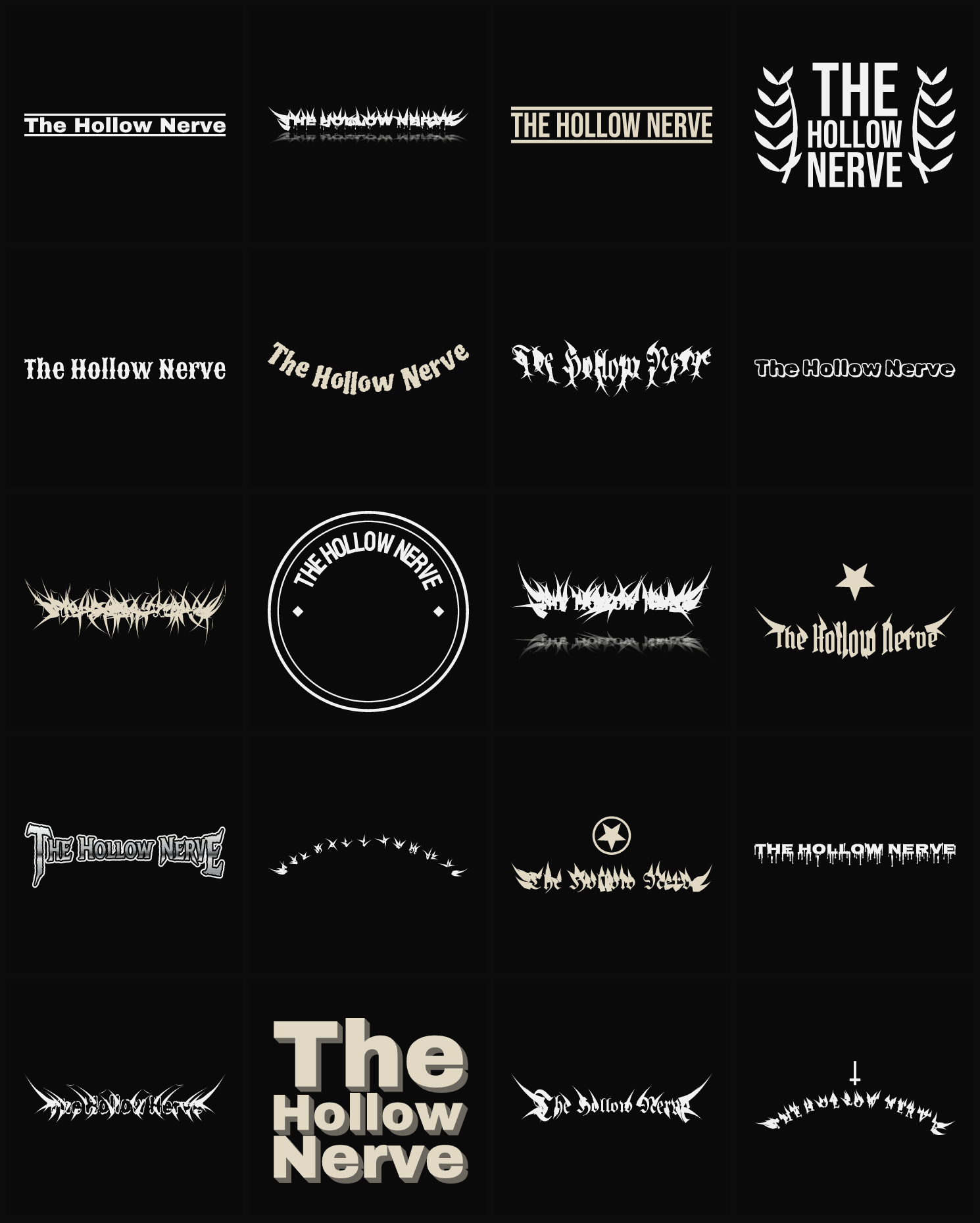 Twenty The Hollow Nerve band logo ideas — different faces, treatments and spike settings