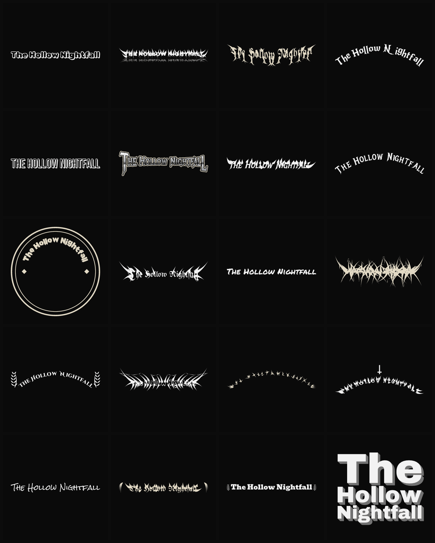 Twenty The Hollow Nightfall band logo ideas — different faces, treatments and spike settings