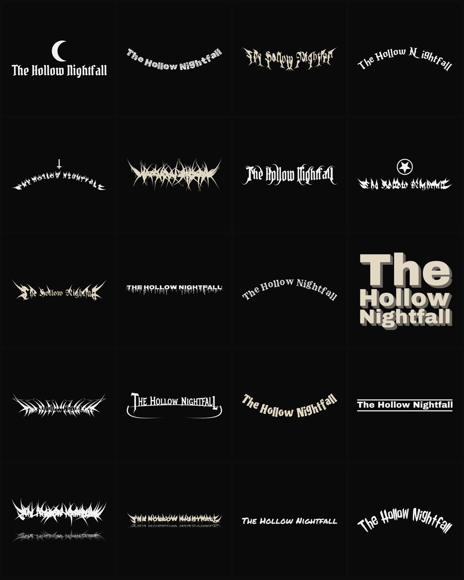 Twenty The Hollow Nightfall band logo ideas — different faces, treatments and spike settings
