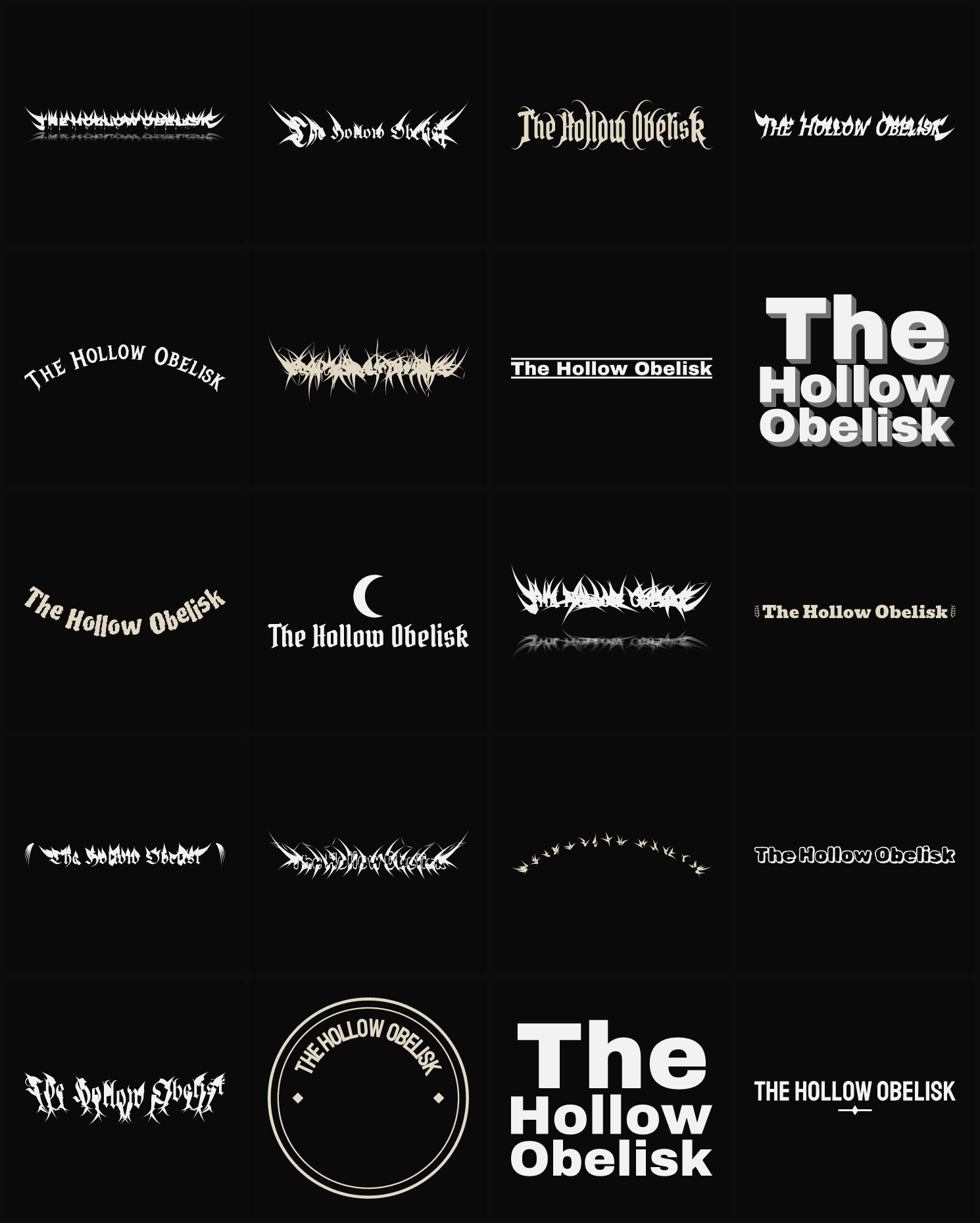 Twenty The Hollow Obelisk band logo ideas — different faces, treatments and spike settings