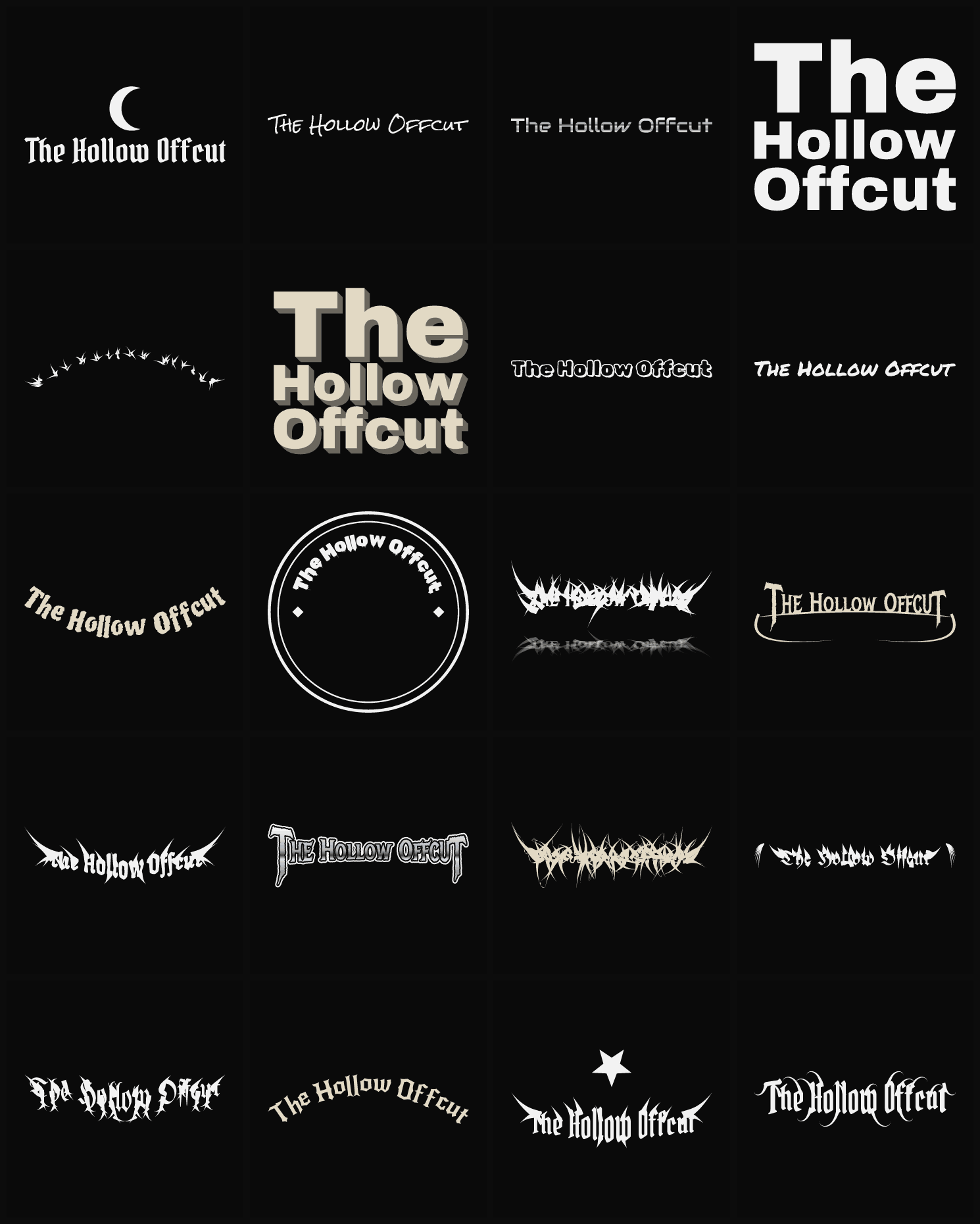 Twenty The Hollow Offcut band logo ideas — different faces, treatments and spike settings