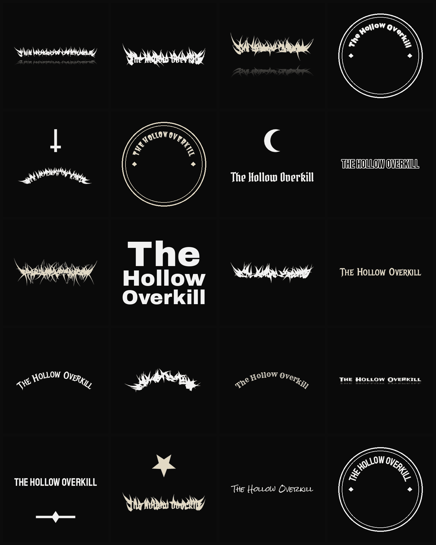 Twenty The Hollow Overkill band logo ideas — different faces, treatments and spike settings