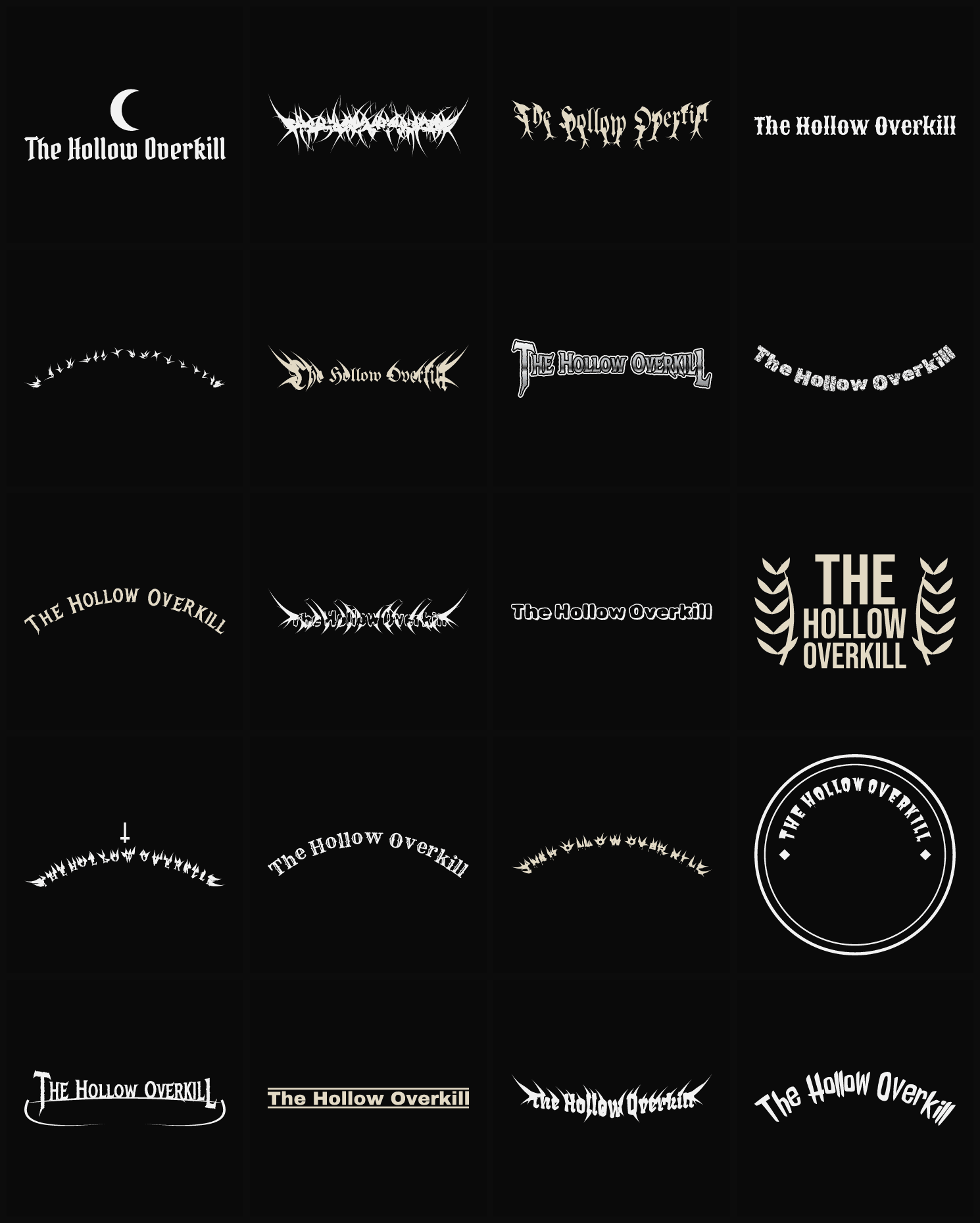 Twenty The Hollow Overkill band logo ideas — different faces, treatments and spike settings