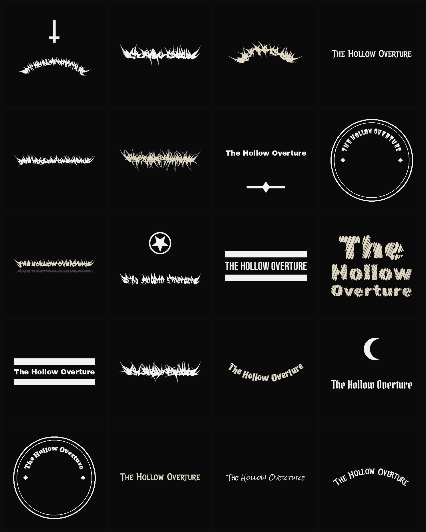 Twenty The Hollow Overture band logo ideas — different faces, treatments and spike settings