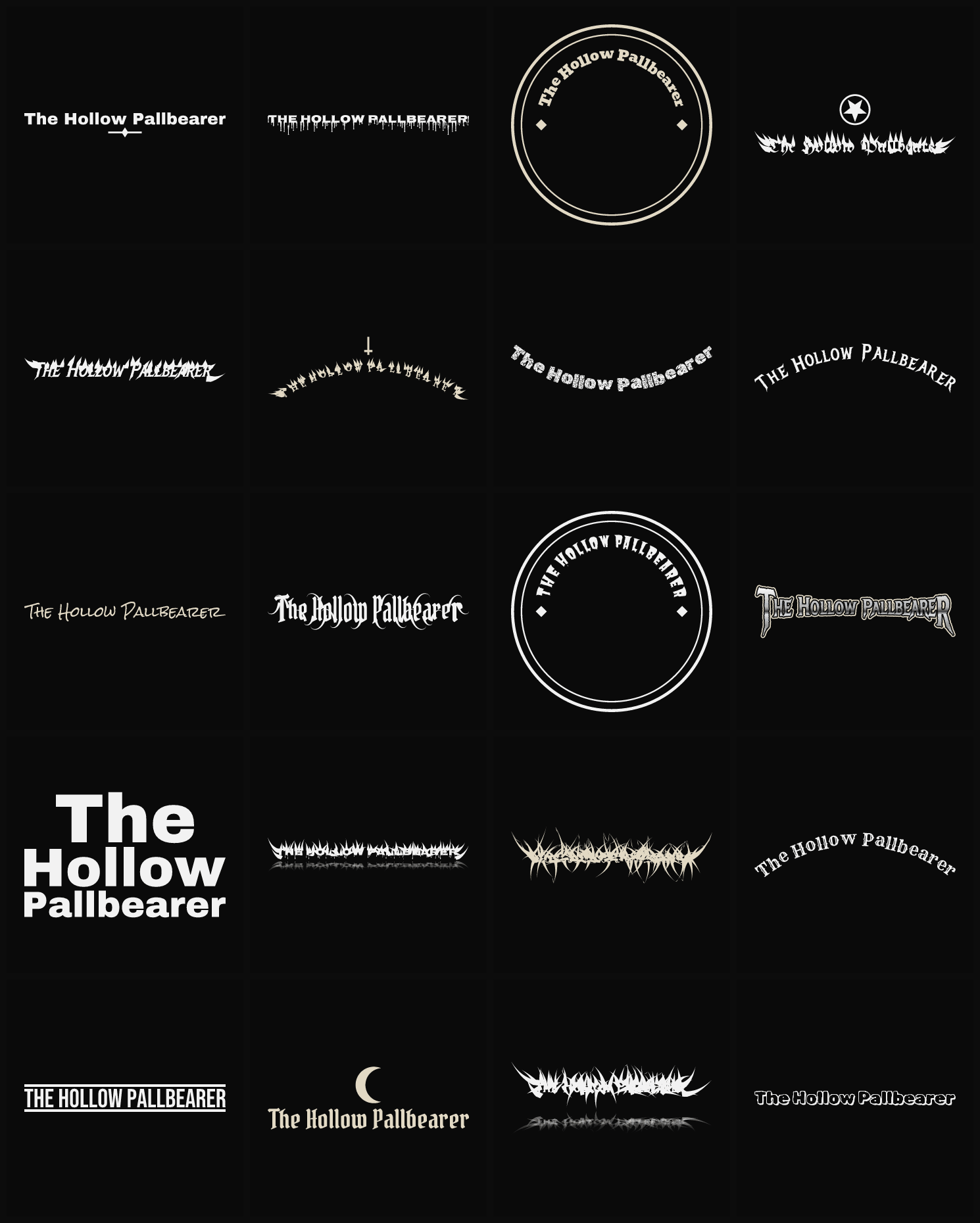 Twenty The Hollow Pallbearer band logo ideas — different faces, treatments and spike settings