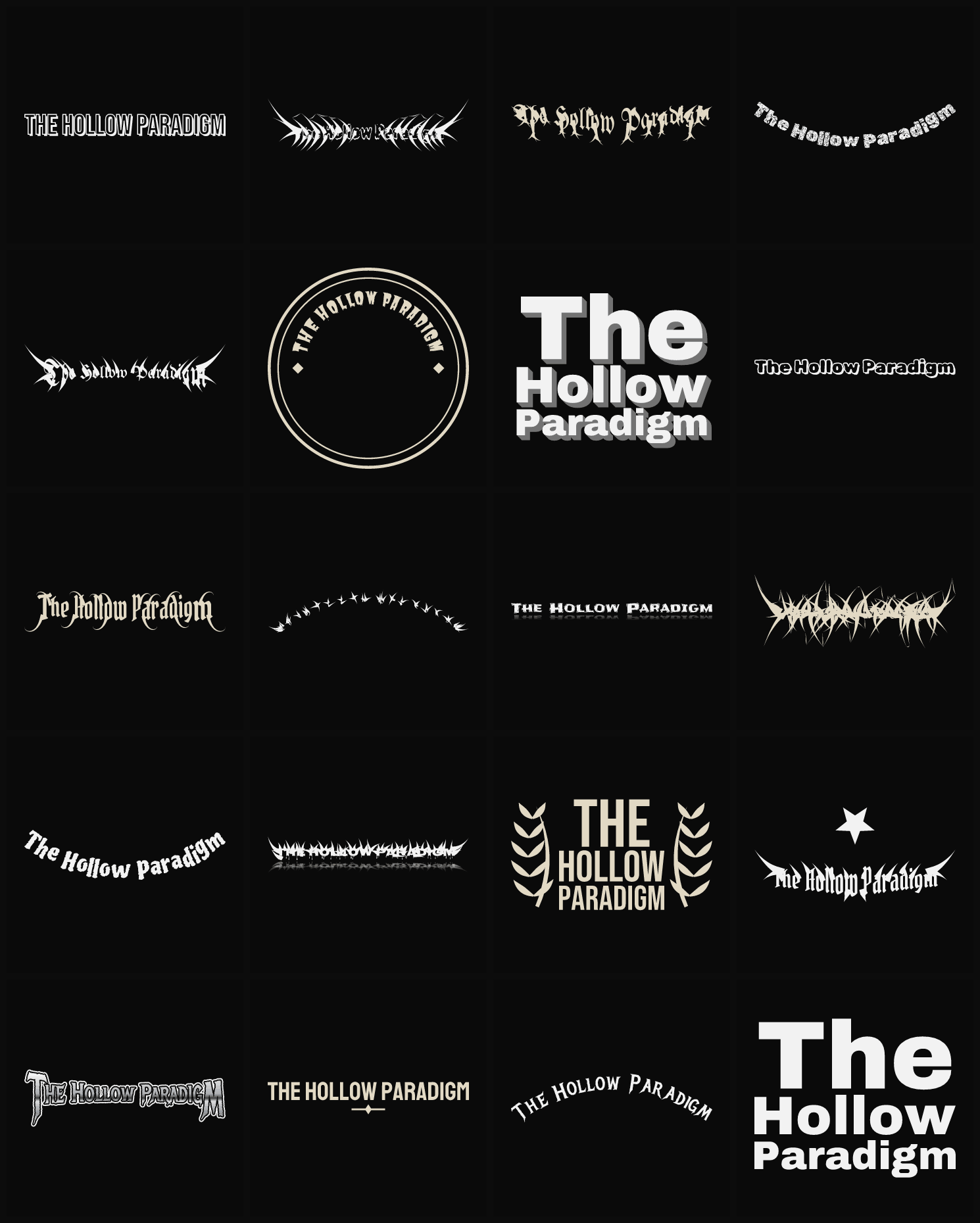 Twenty The Hollow Paradigm band logo ideas — different faces, treatments and spike settings