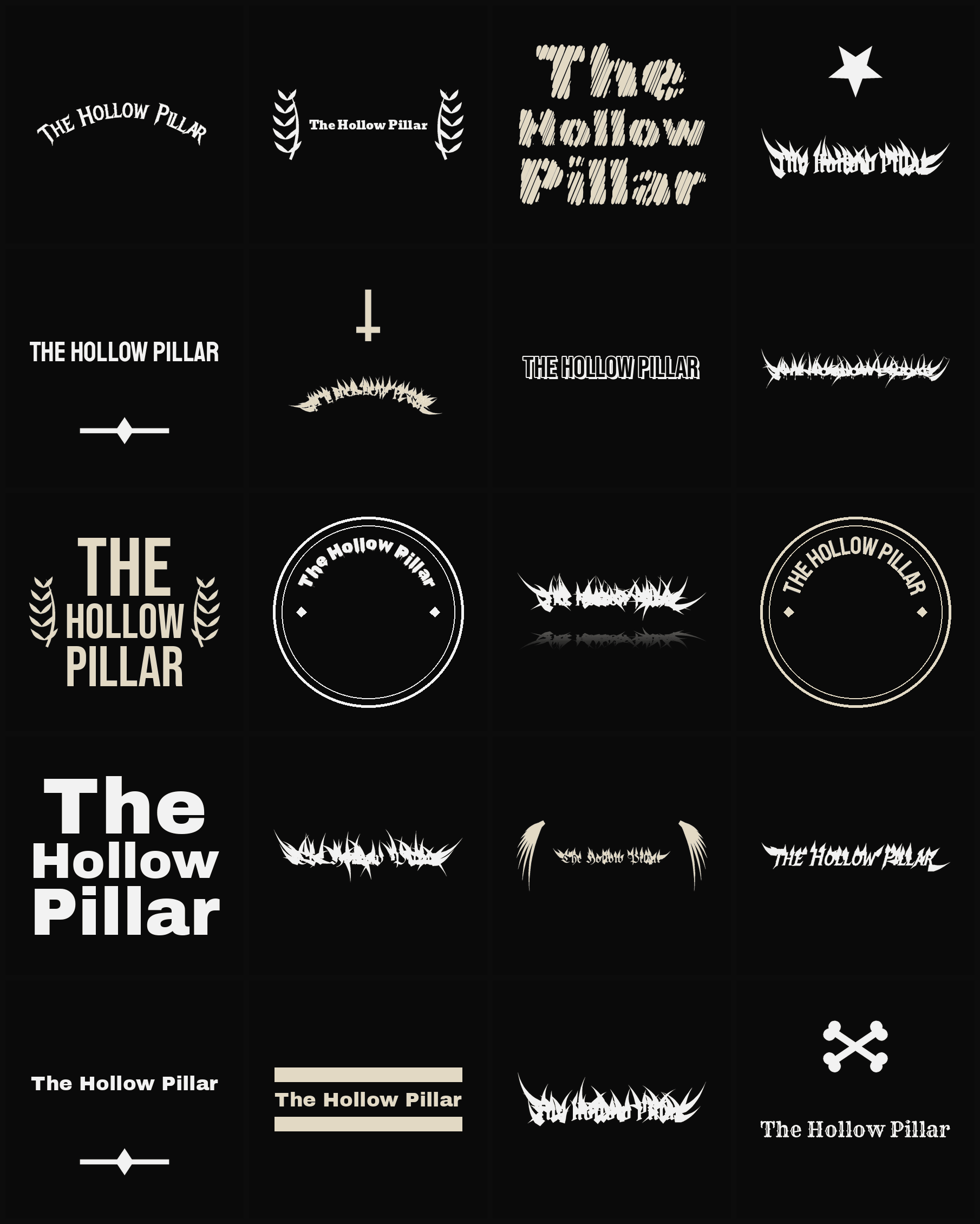 Twenty The Hollow Pillar band logo ideas — different faces, treatments and spike settings