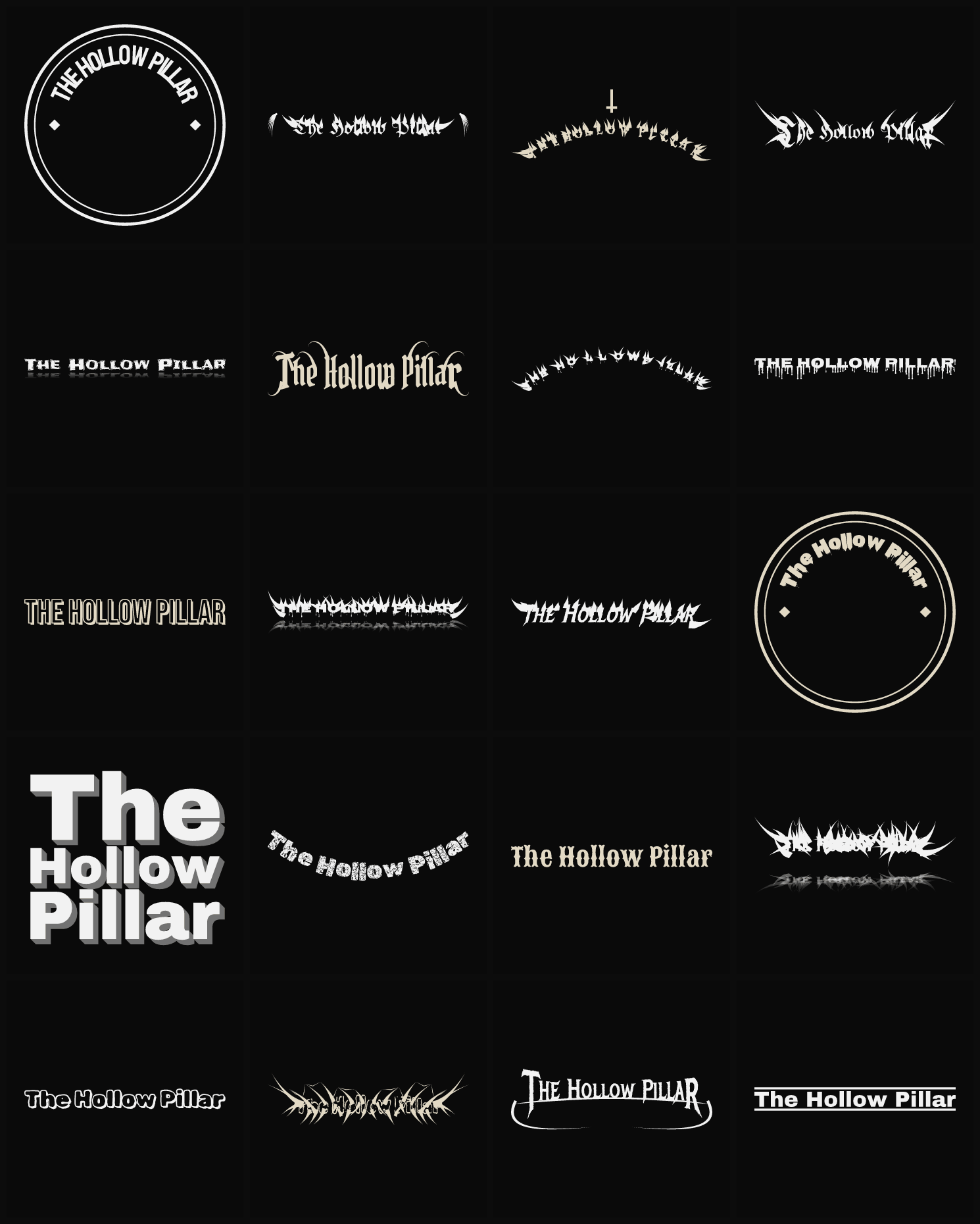Twenty The Hollow Pillar band logo ideas — different faces, treatments and spike settings