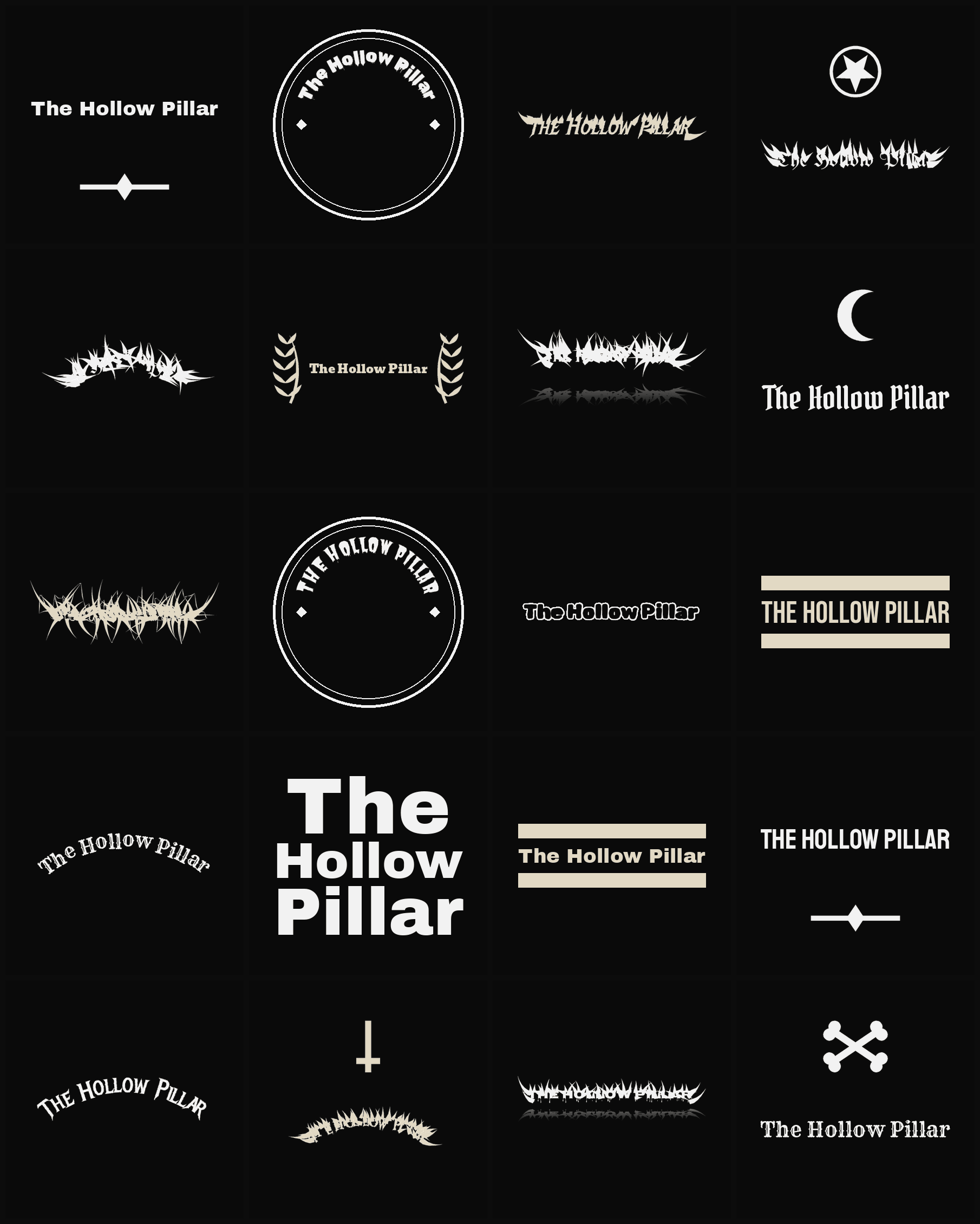 Twenty The Hollow Pillar band logo ideas — different faces, treatments and spike settings