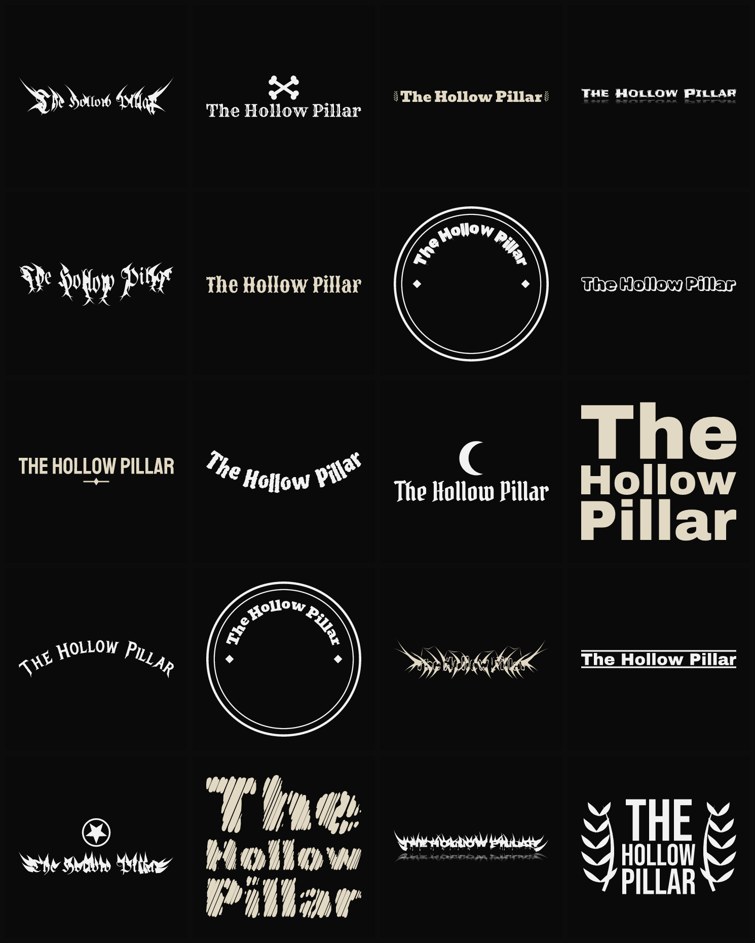 Twenty The Hollow Pillar band logo ideas — different faces, treatments and spike settings