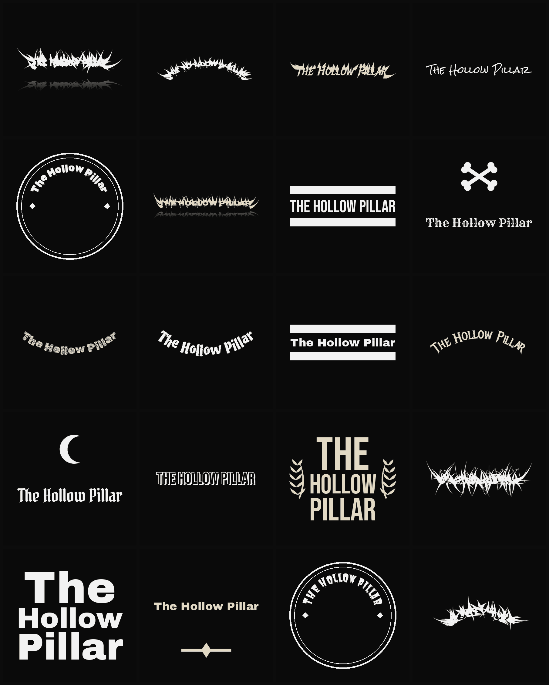 Twenty The Hollow Pillar band logo ideas — different faces, treatments and spike settings