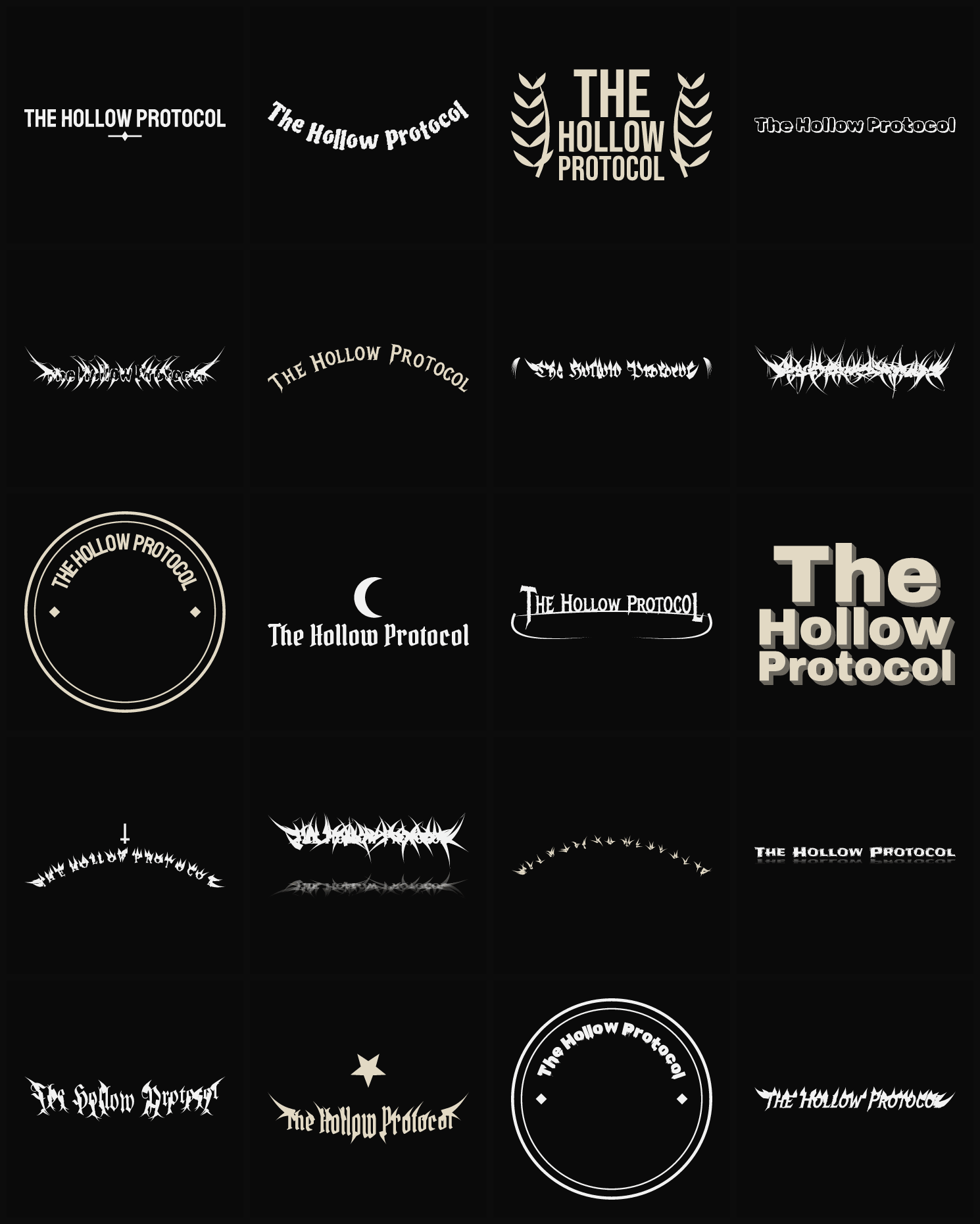Twenty The Hollow Protocol band logo ideas — different faces, treatments and spike settings
