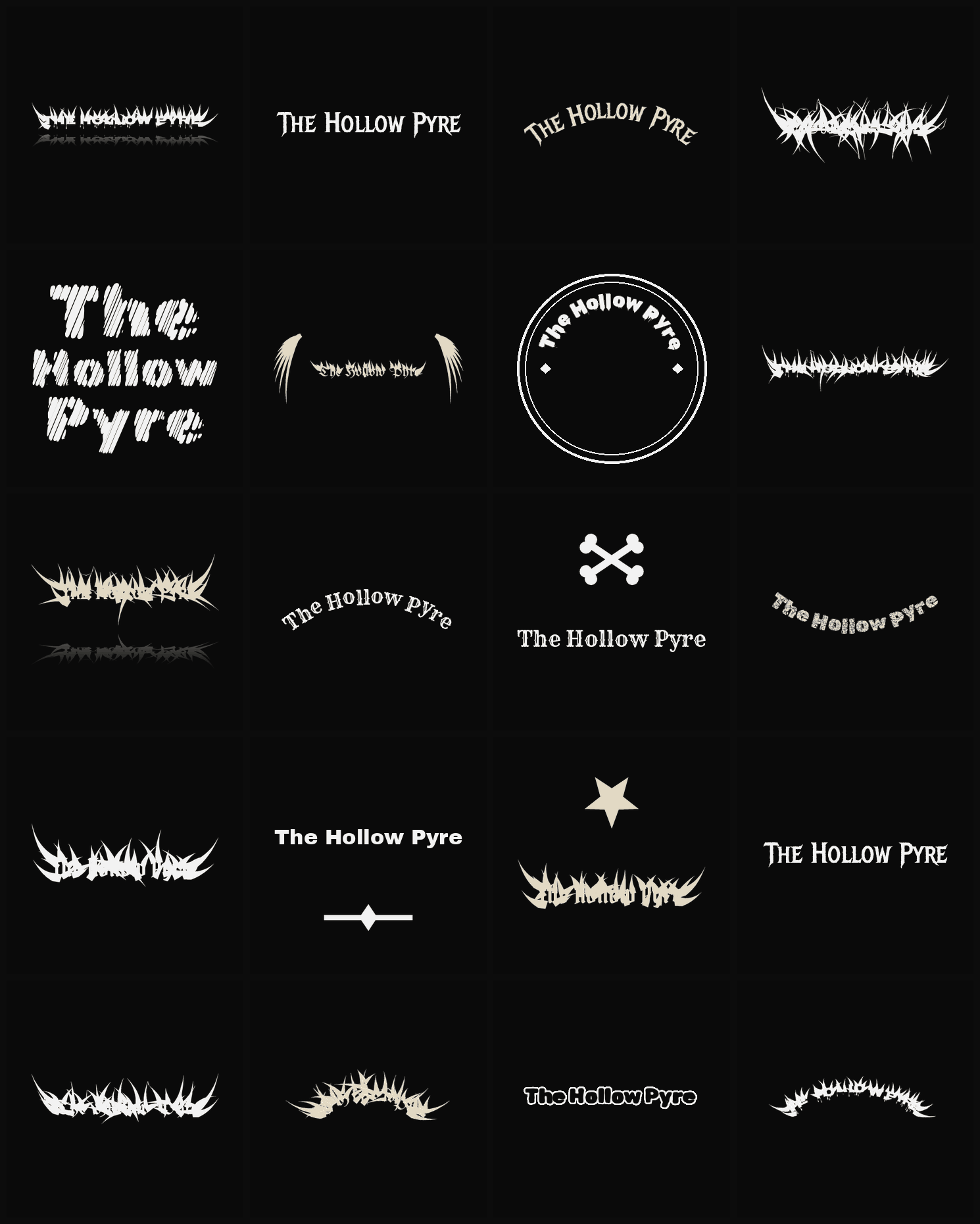 Twenty The Hollow Pyre band logo ideas — different faces, treatments and spike settings