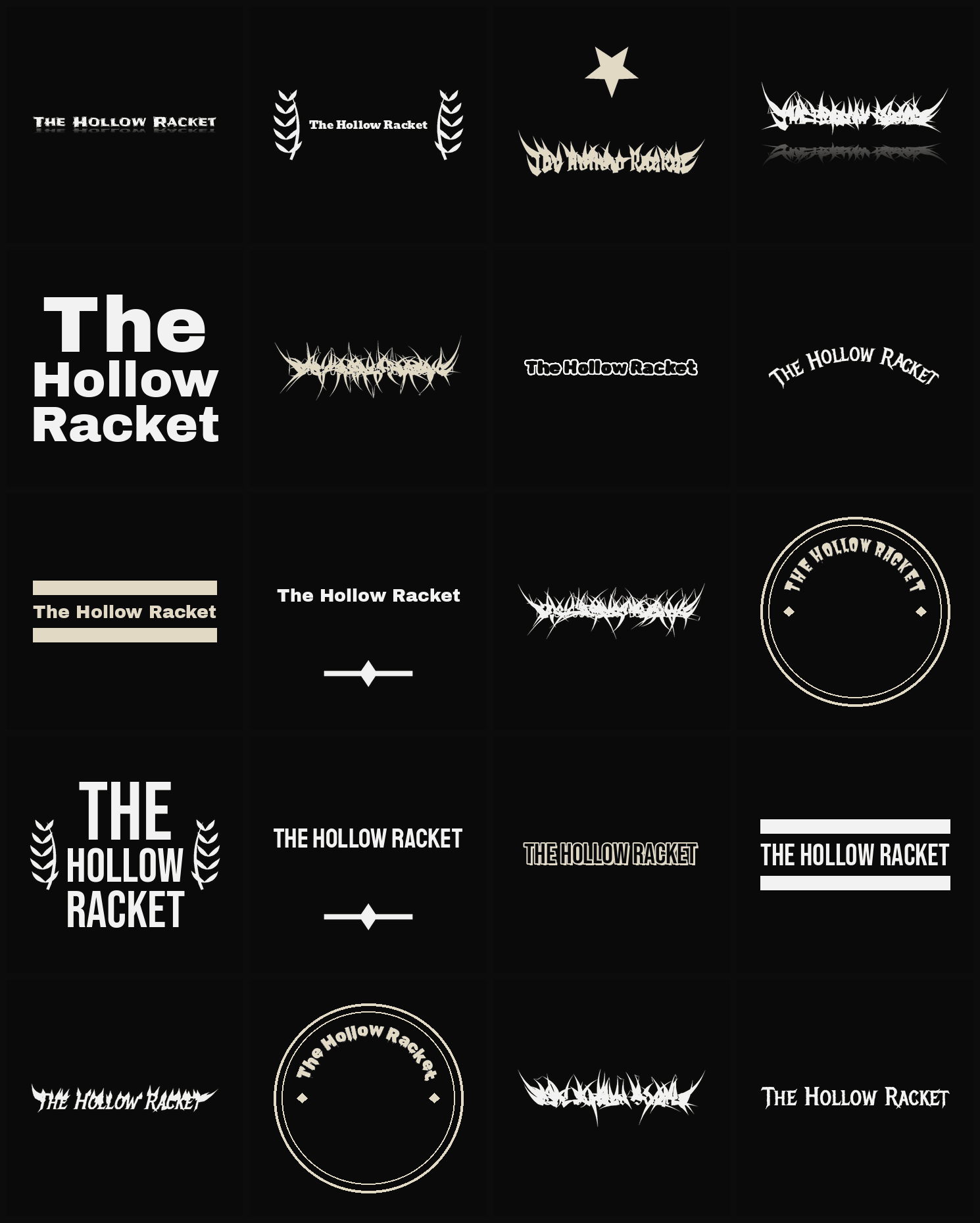 Twenty The Hollow Racket band logo ideas — different faces, treatments and spike settings