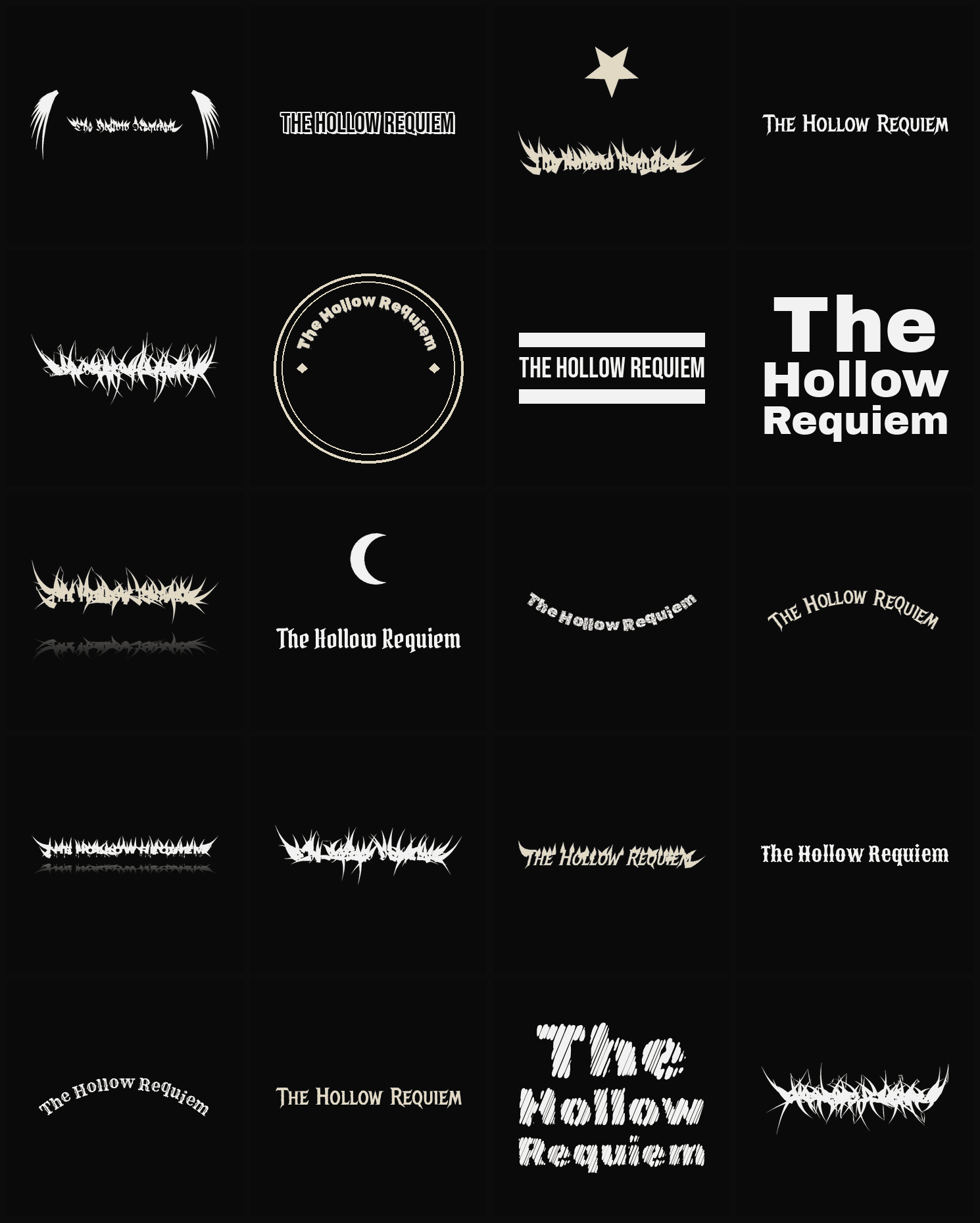 Twenty The Hollow Requiem band logo ideas — different faces, treatments and spike settings