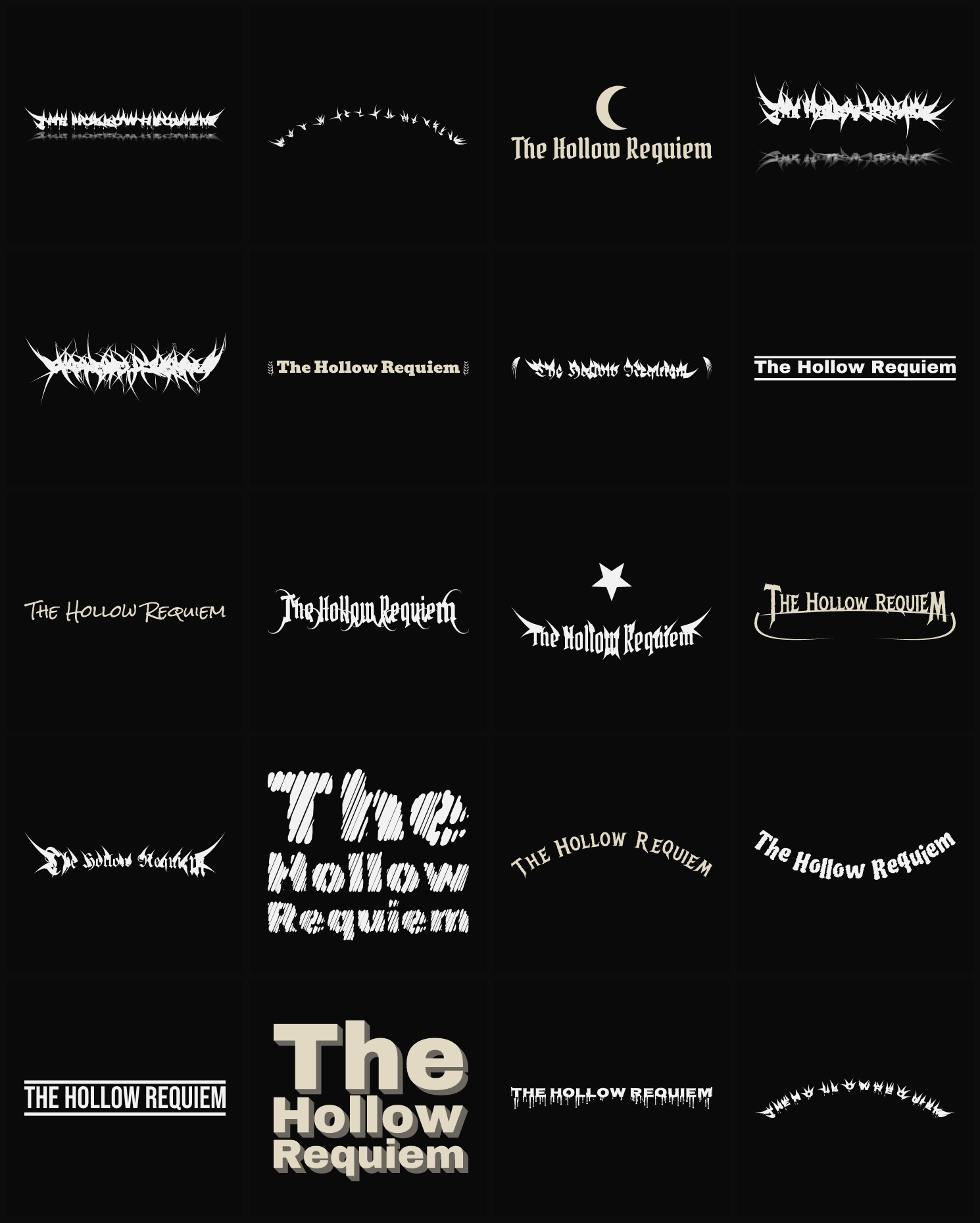 Twenty The Hollow Requiem band logo ideas — different faces, treatments and spike settings