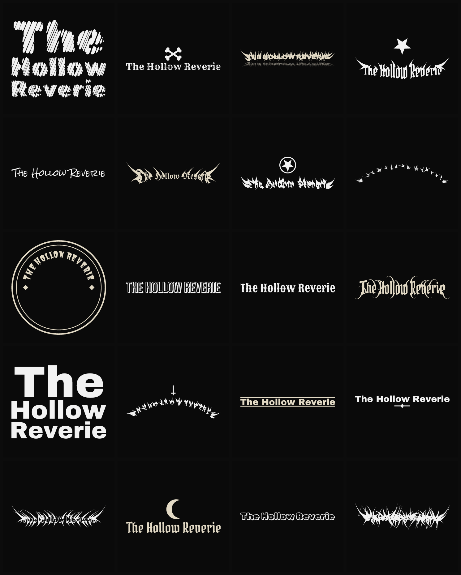 Twenty The Hollow Reverie band logo ideas — different faces, treatments and spike settings