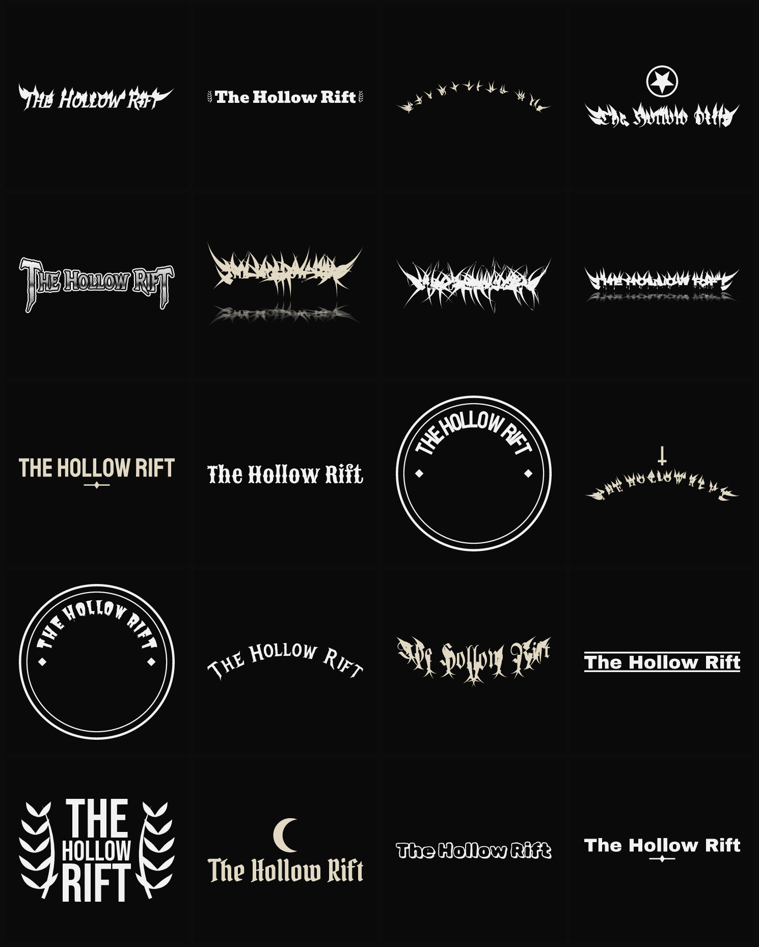 Twenty The Hollow Rift band logo ideas — different faces, treatments and spike settings