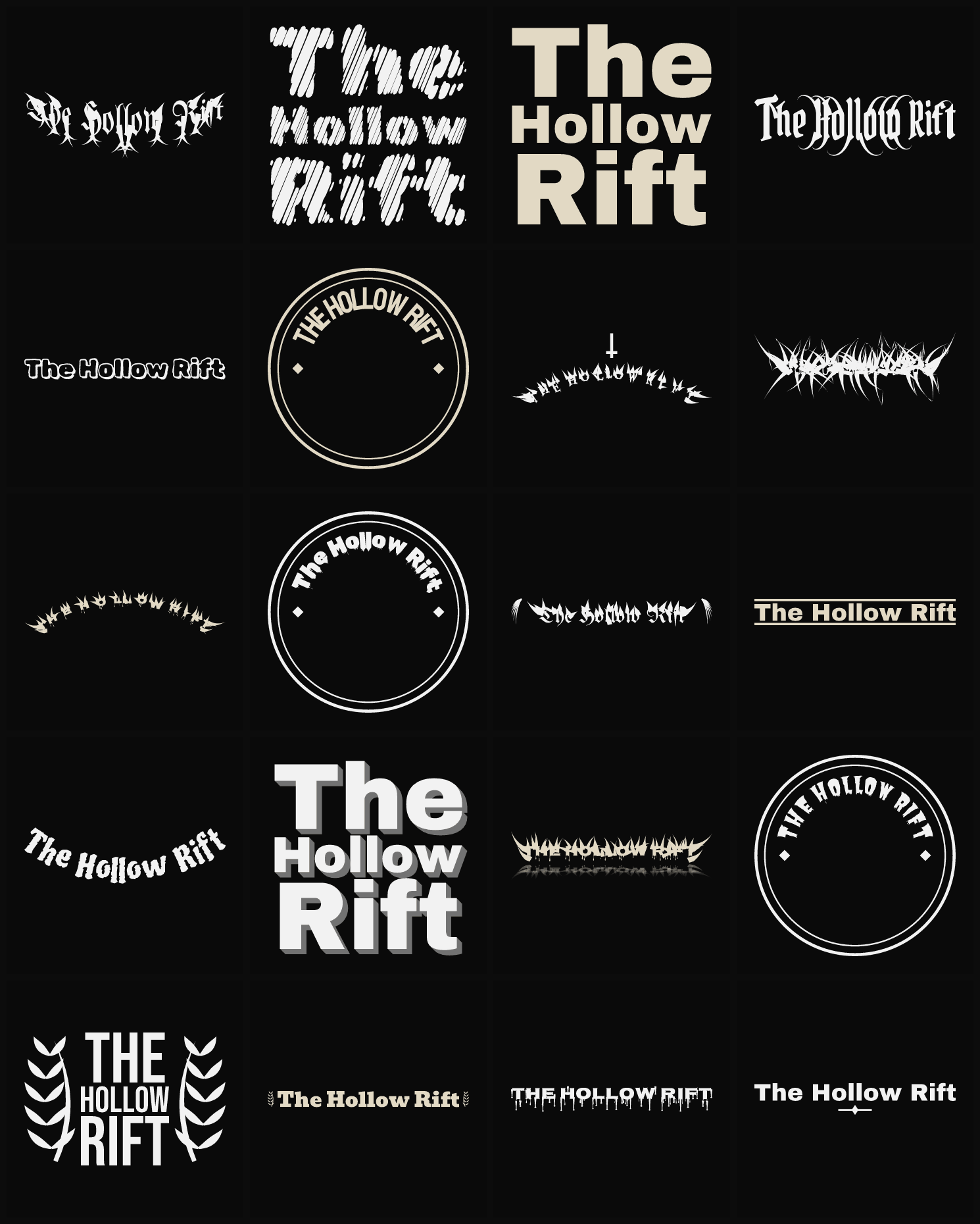 Twenty The Hollow Rift band logo ideas — different faces, treatments and spike settings
