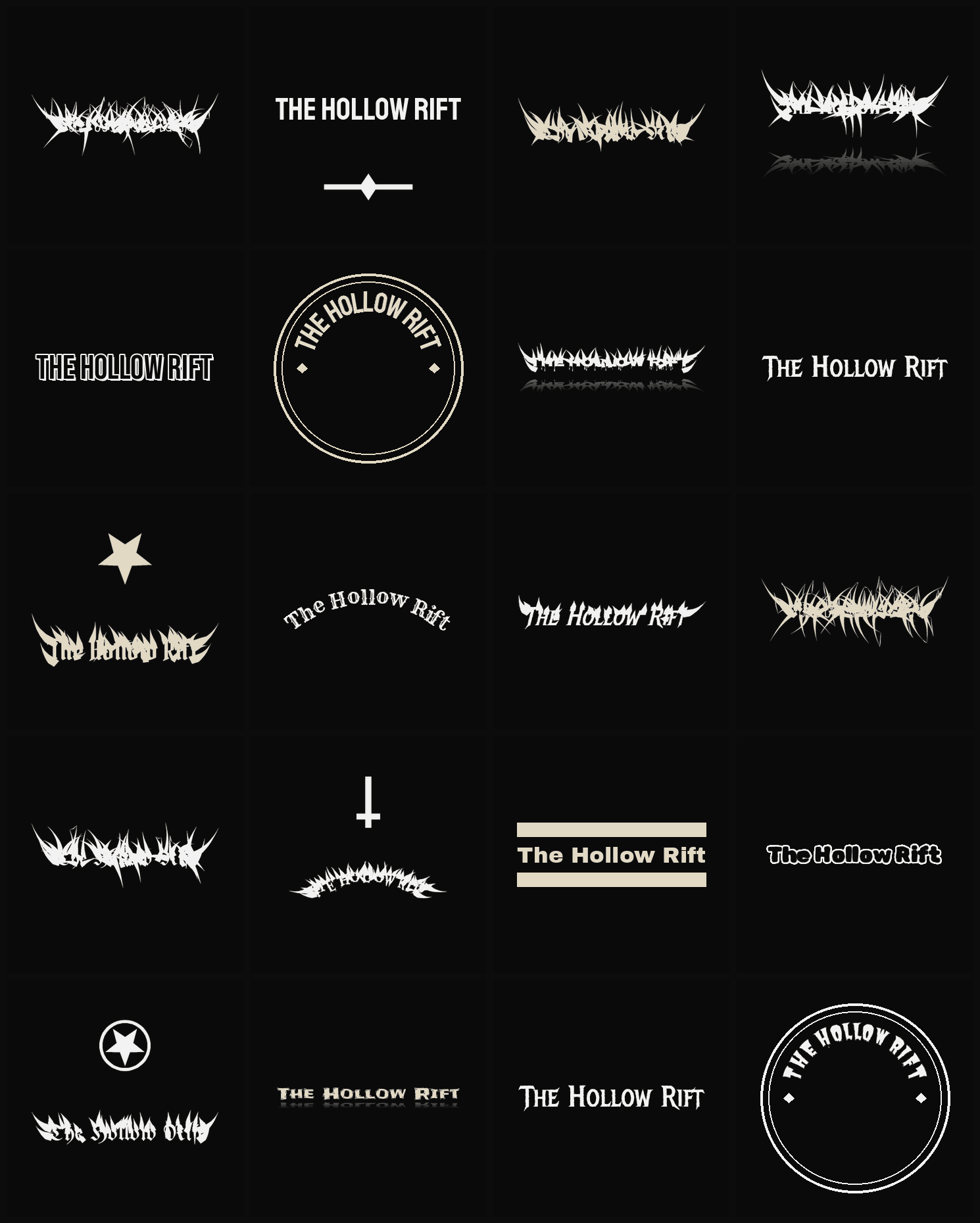 Twenty The Hollow Rift band logo ideas — different faces, treatments and spike settings