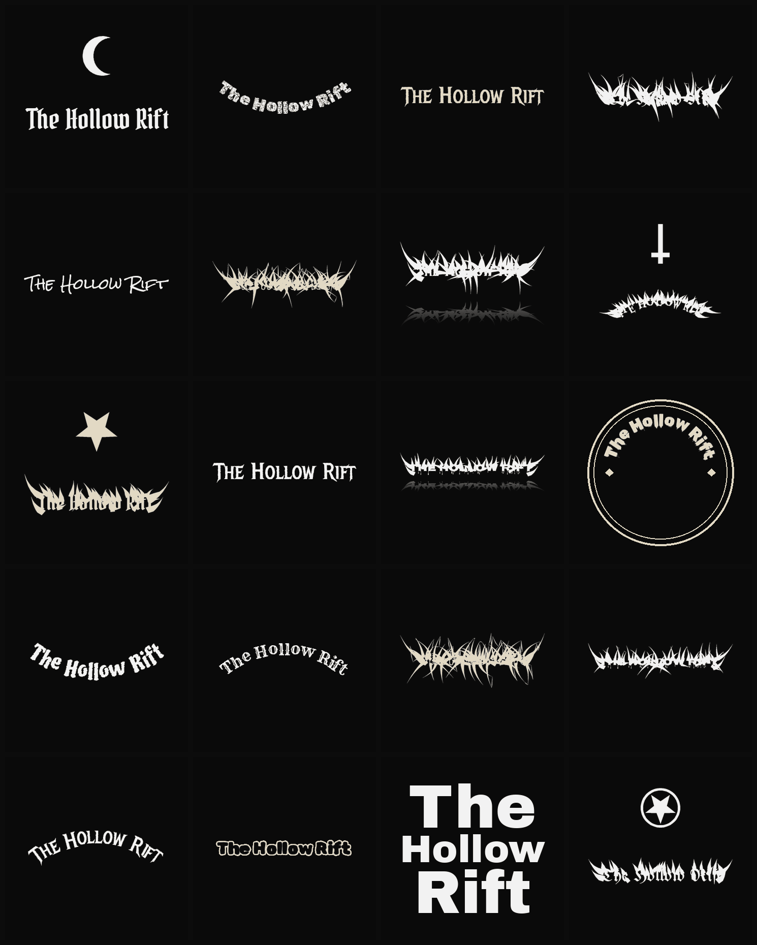 Twenty The Hollow Rift band logo ideas — different faces, treatments and spike settings