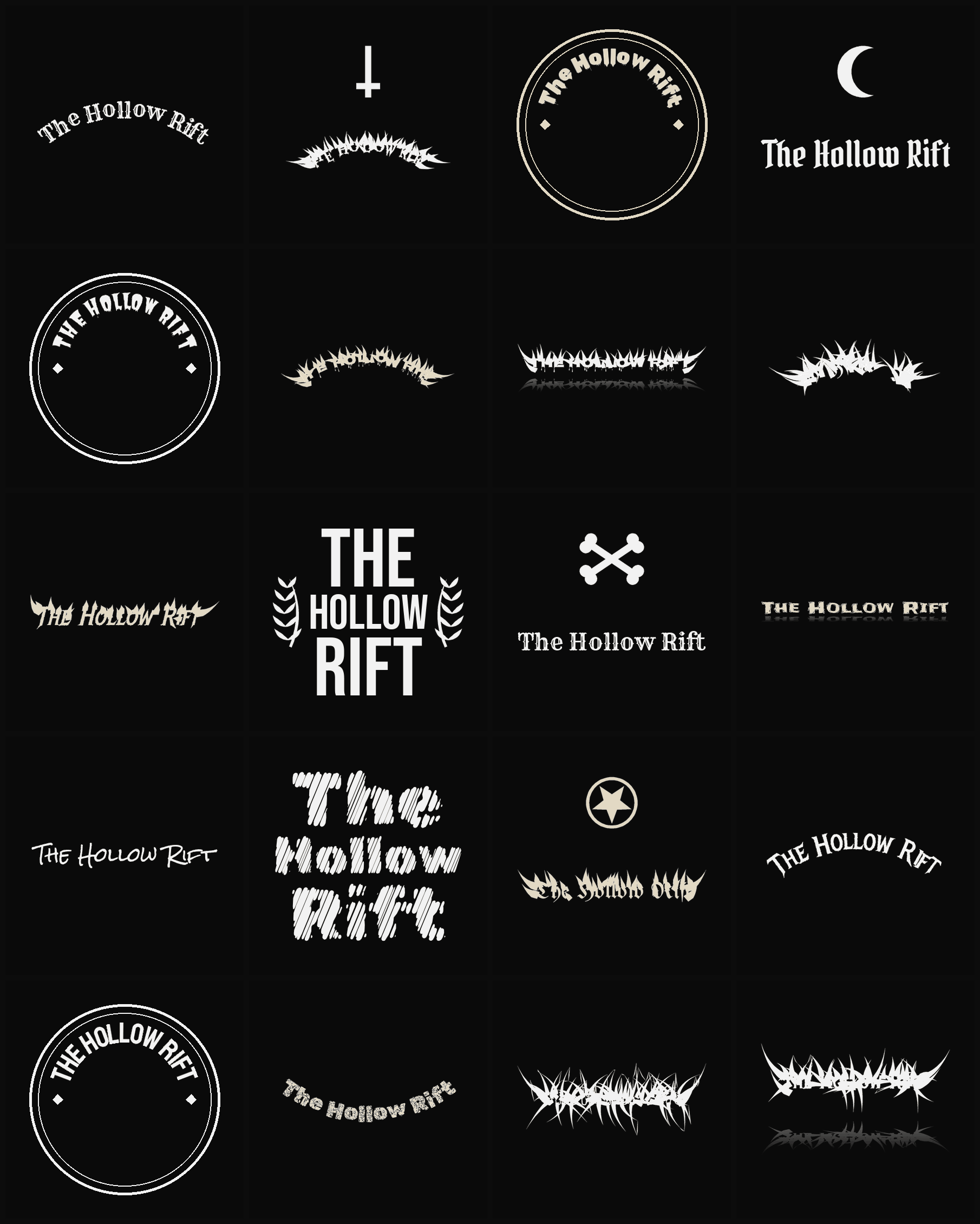 Twenty The Hollow Rift band logo ideas — different faces, treatments and spike settings