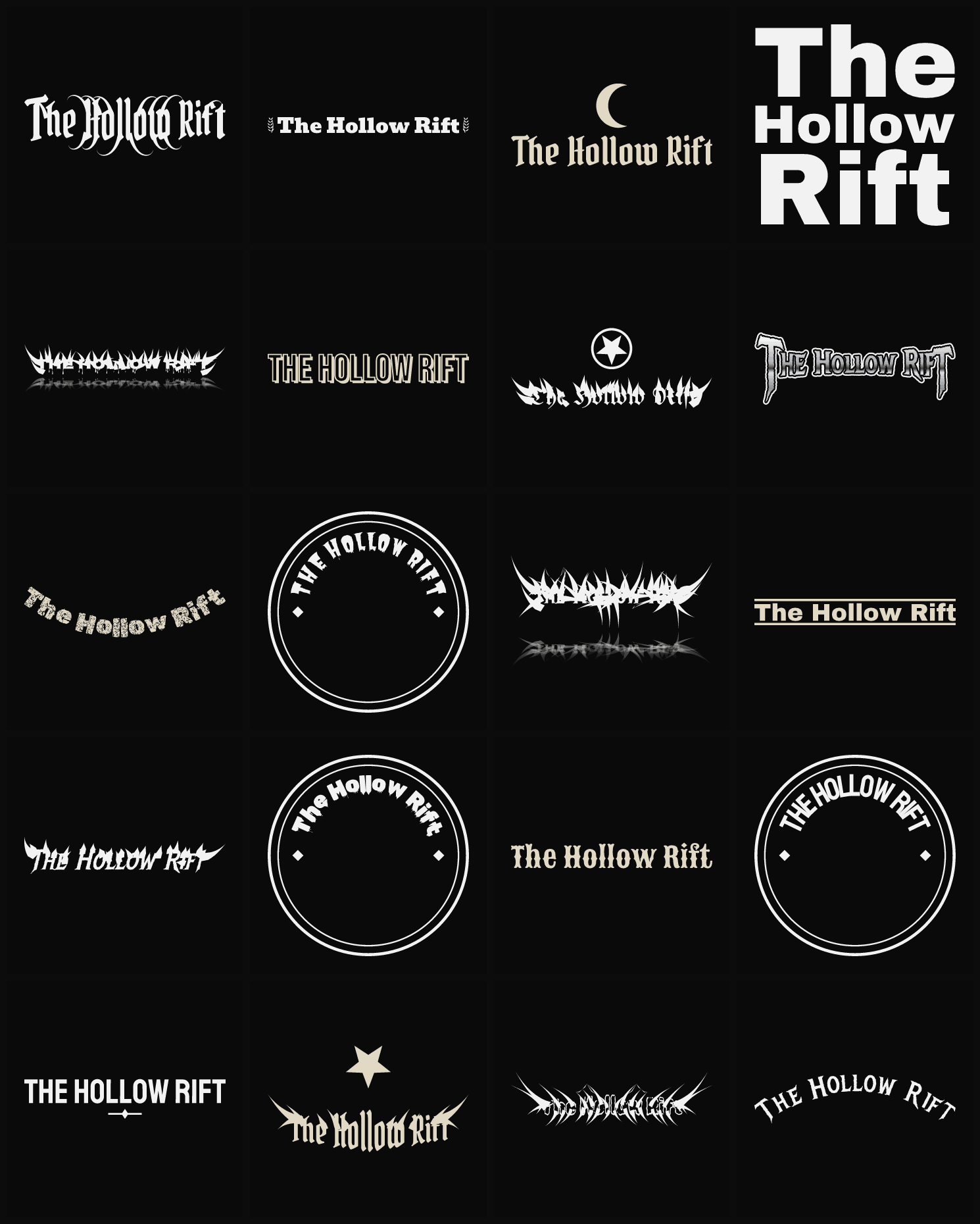 Twenty The Hollow Rift band logo ideas — different faces, treatments and spike settings