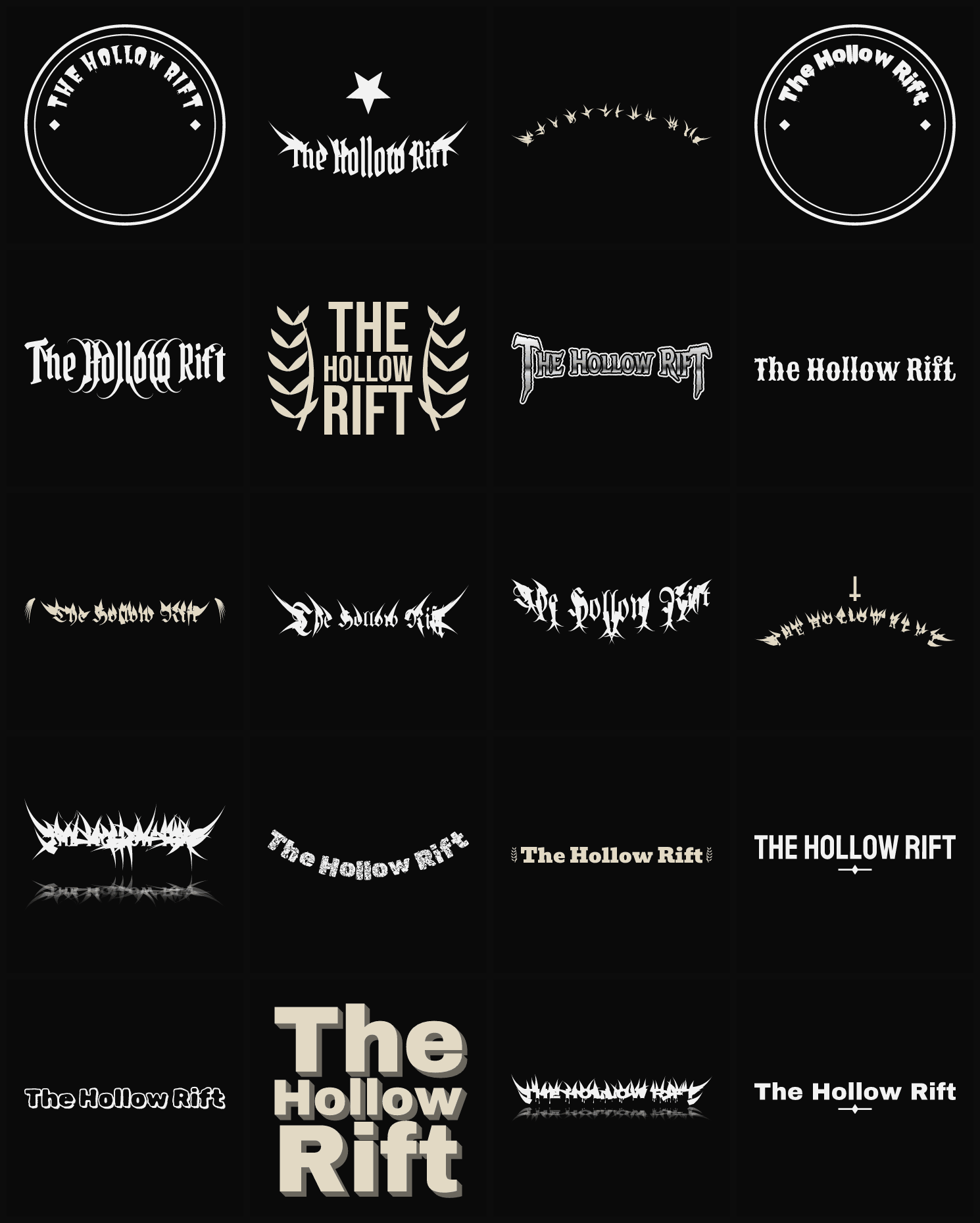Twenty The Hollow Rift band logo ideas — different faces, treatments and spike settings