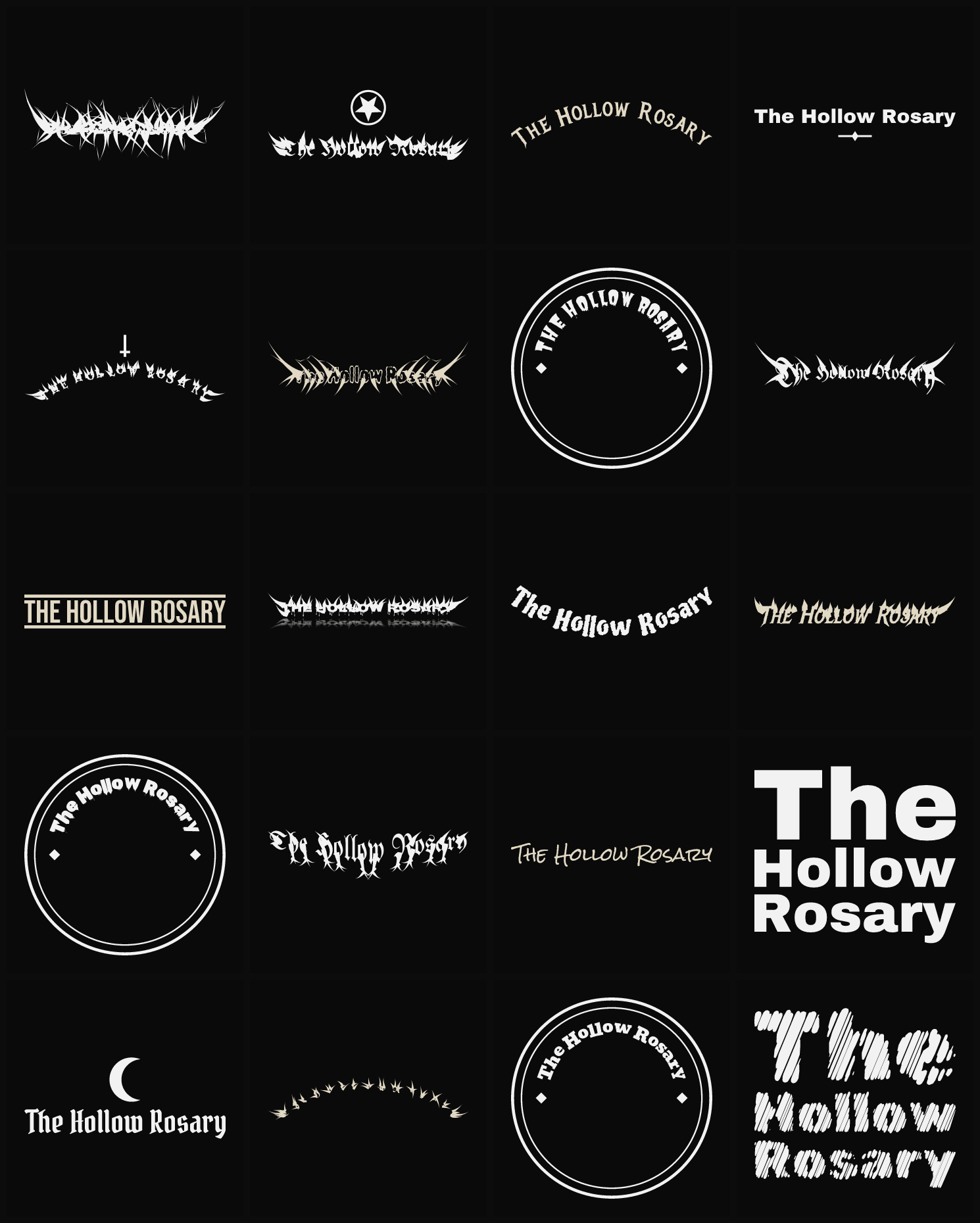 Twenty The Hollow Rosary band logo ideas — different faces, treatments and spike settings