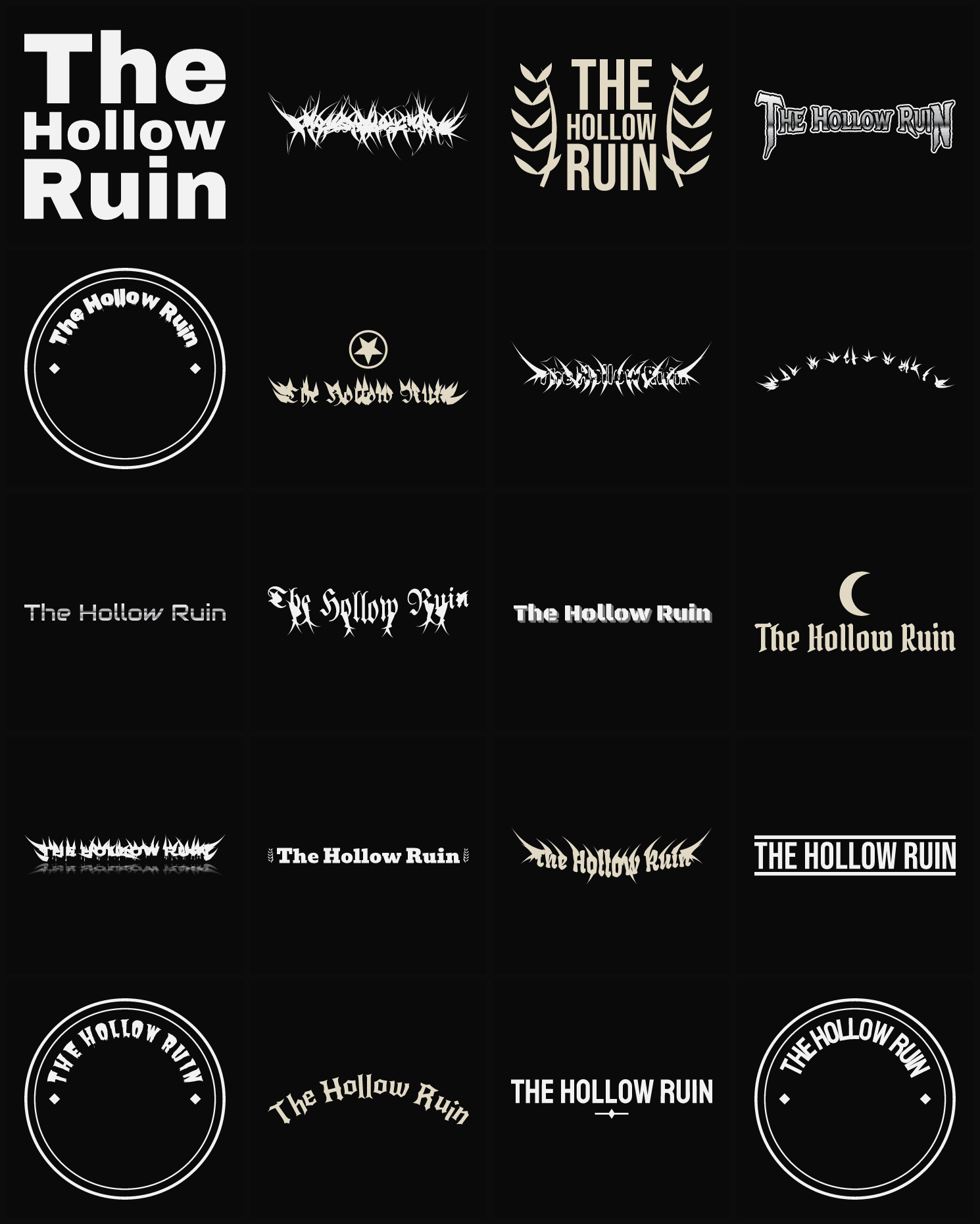 Twenty The Hollow Ruin band logo ideas — different faces, treatments and spike settings