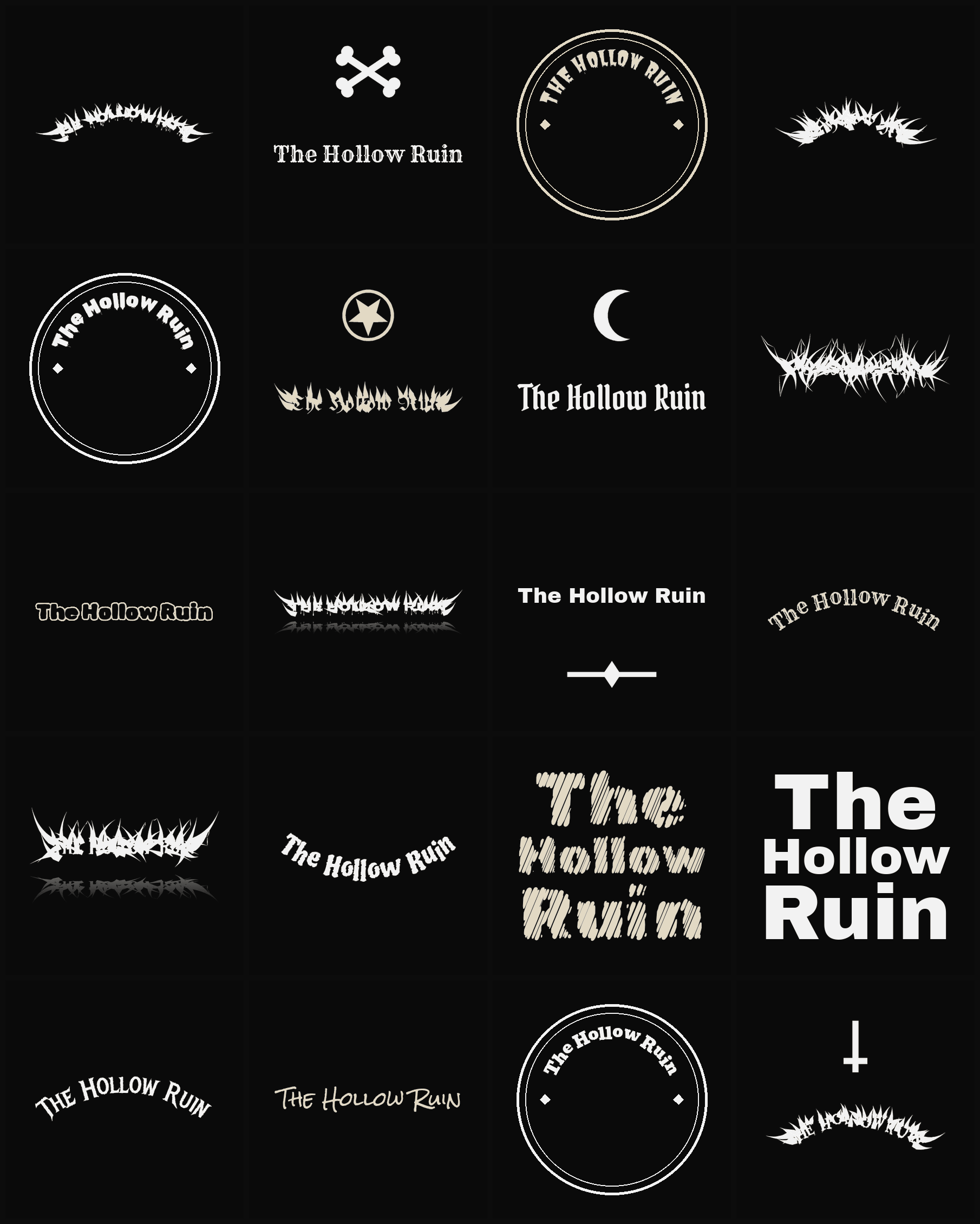 Twenty The Hollow Ruin band logo ideas — different faces, treatments and spike settings