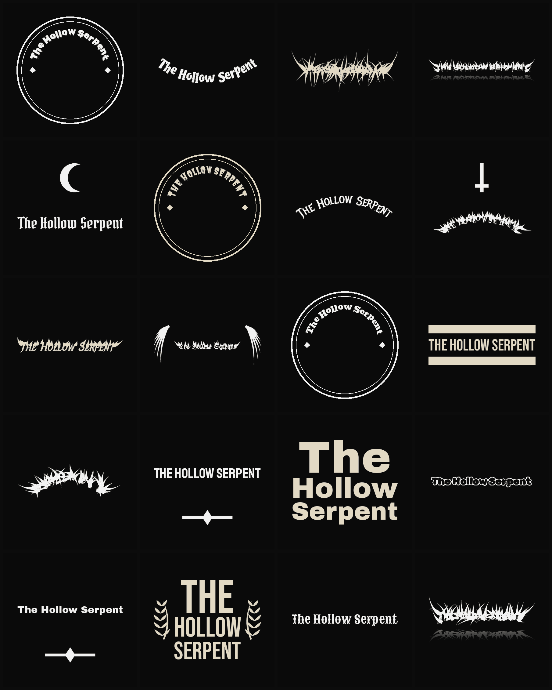 Twenty The Hollow Serpent band logo ideas — different faces, treatments and spike settings