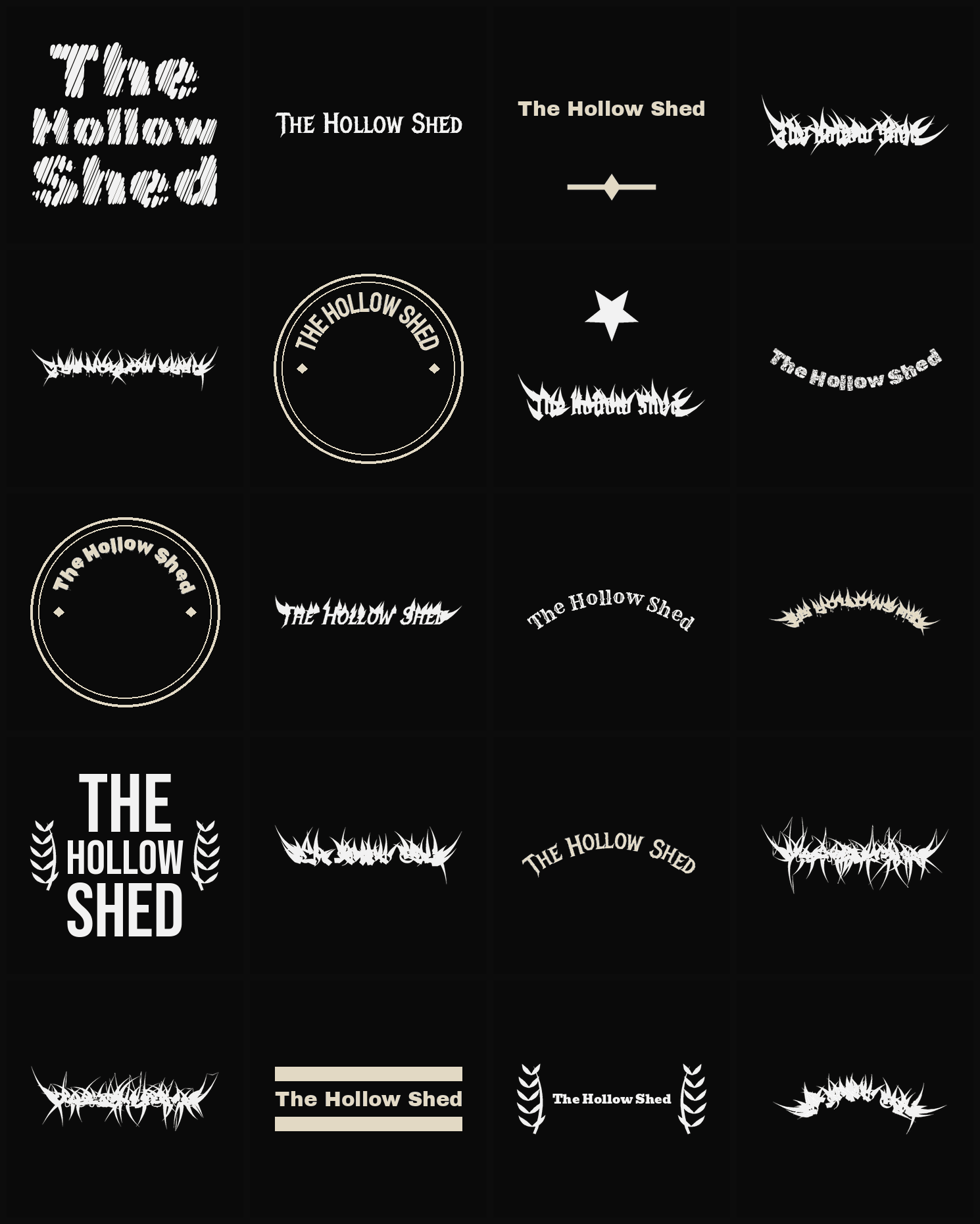 Twenty The Hollow Shed band logo ideas — different faces, treatments and spike settings