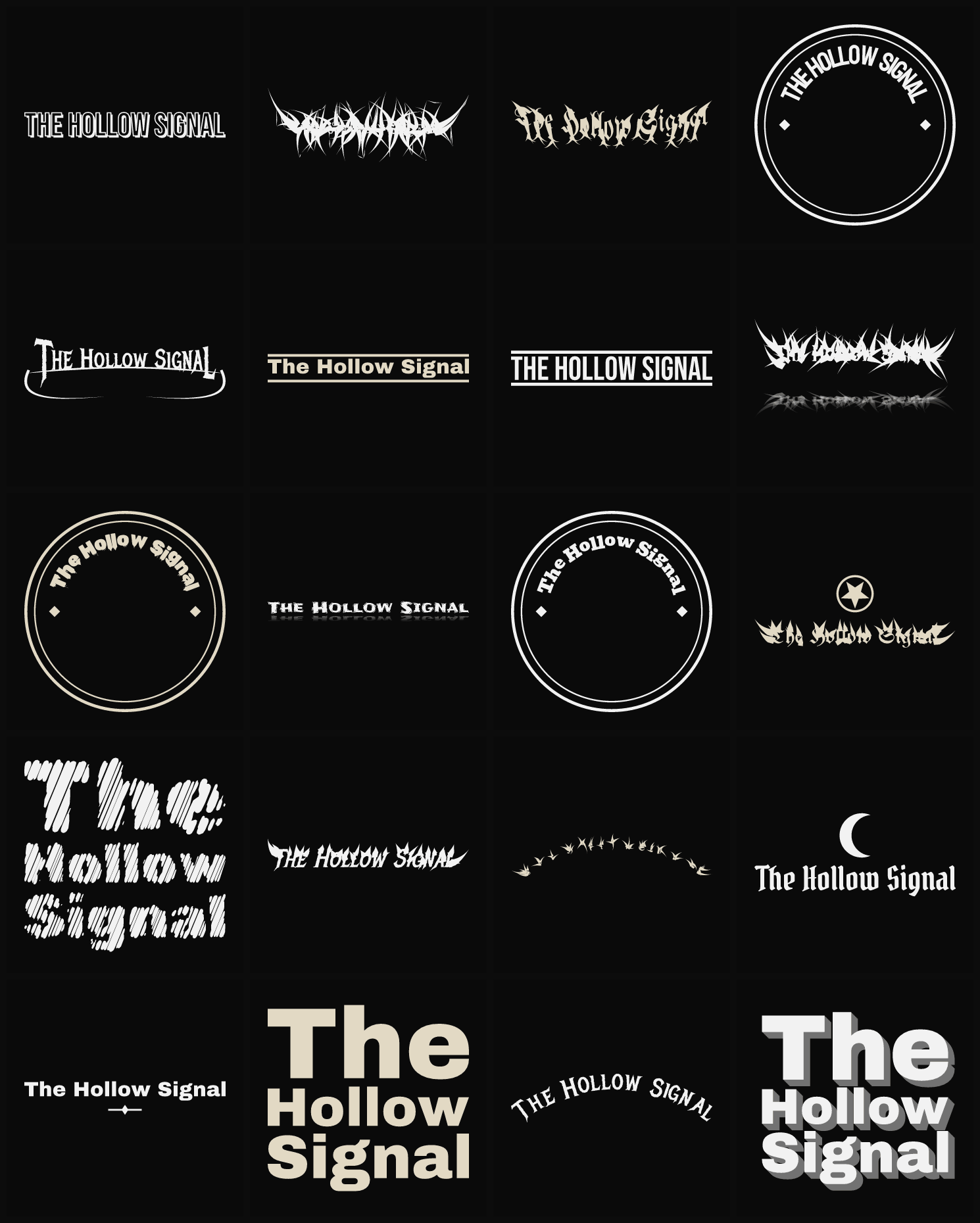 Twenty The Hollow Signal band logo ideas — different faces, treatments and spike settings