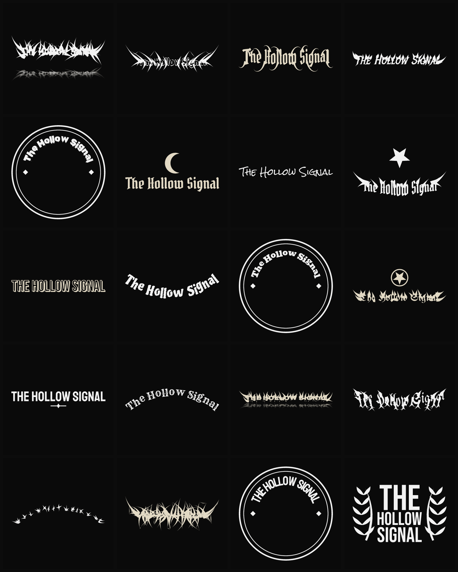 Twenty The Hollow Signal band logo ideas — different faces, treatments and spike settings