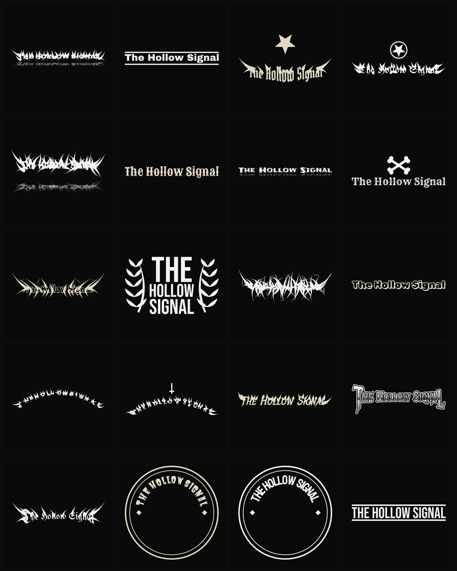 Twenty The Hollow Signal band logo ideas — different faces, treatments and spike settings